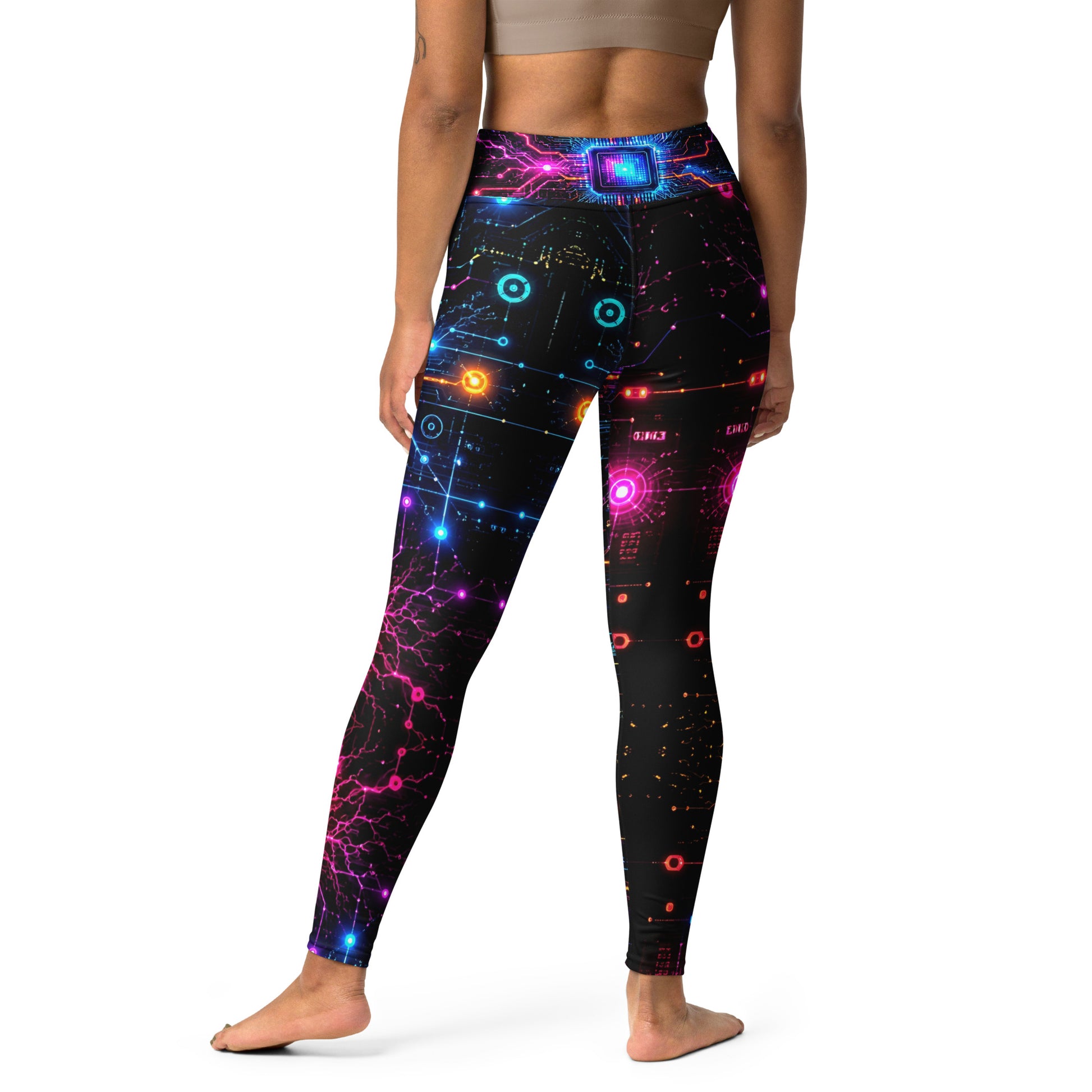 Yoga Leggings - Cyber Neon Circuit Board - Premium Futuristic Electric Processor Design by printfluence.net