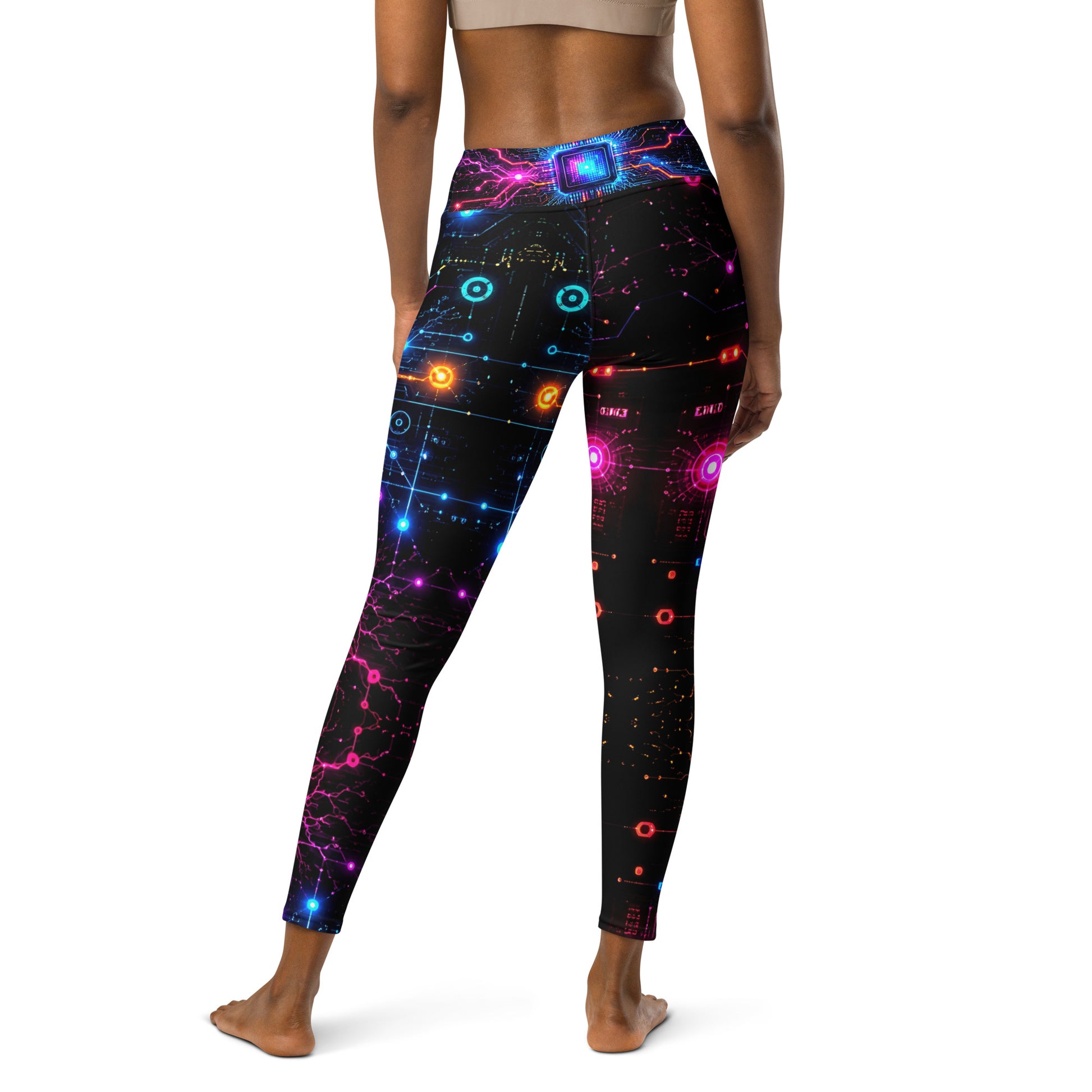 Yoga Leggings - Cyber Neon Circuit Board - Premium Futuristic Electric Processor Design by printfluence.net