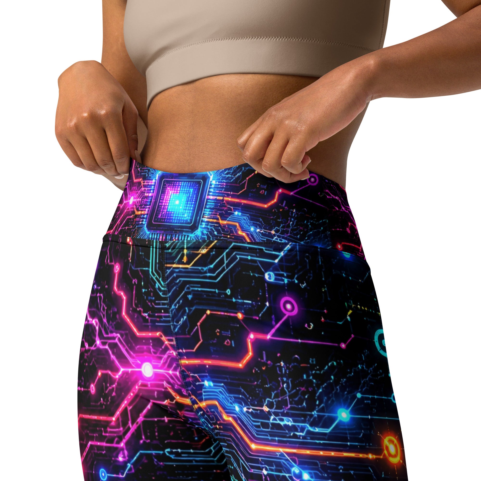 Yoga Leggings - Cyber Neon Circuit Board - Premium Futuristic Electric Processor Design by printfluence.net