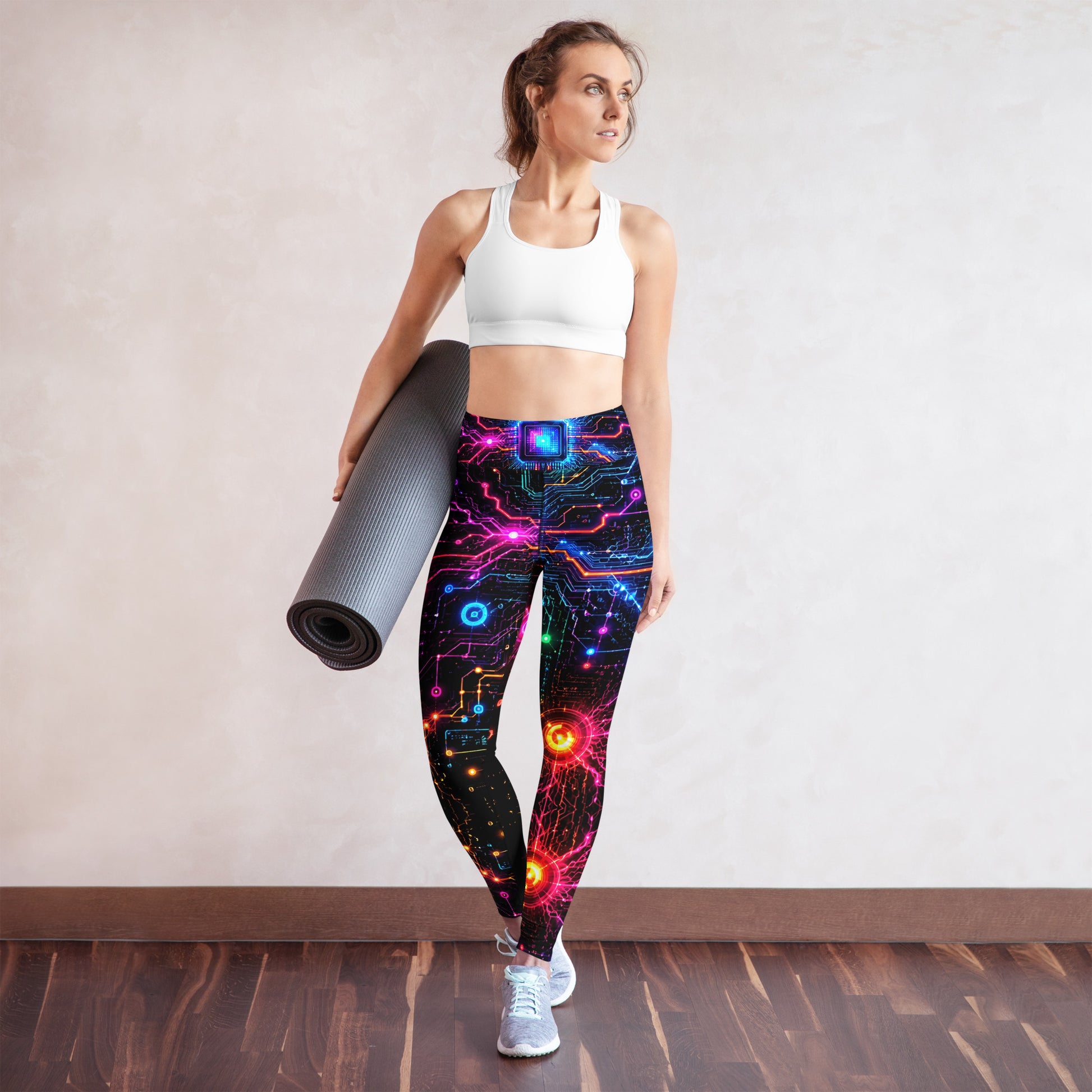 Yoga Leggings - Cyber Neon Circuit Board - Premium Futuristic Electric Processor Design by printfluence.net
