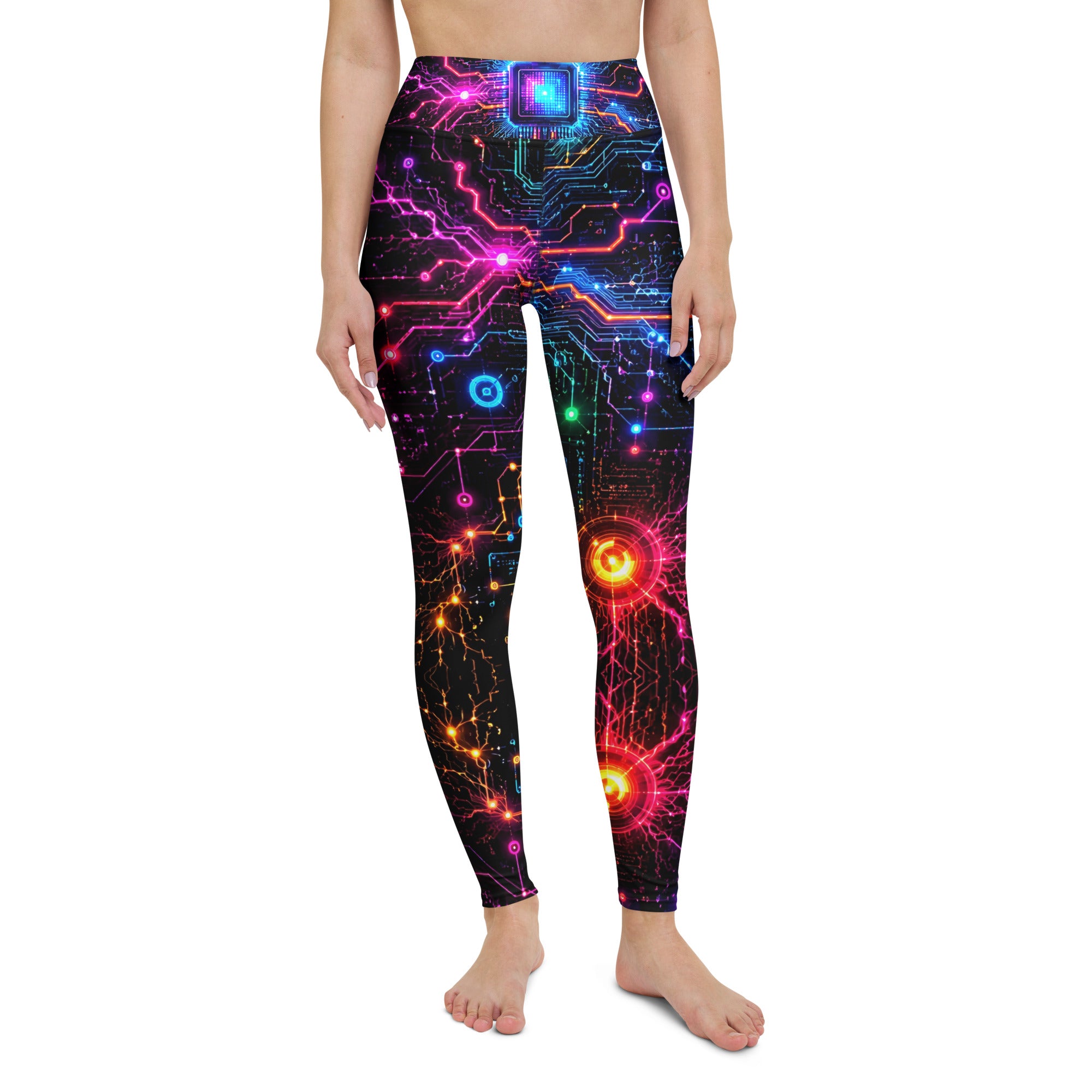 Yoga Leggings - Cyber Neon Circuit Board - Premium Futuristic Electric Processor Design by printfluence.net