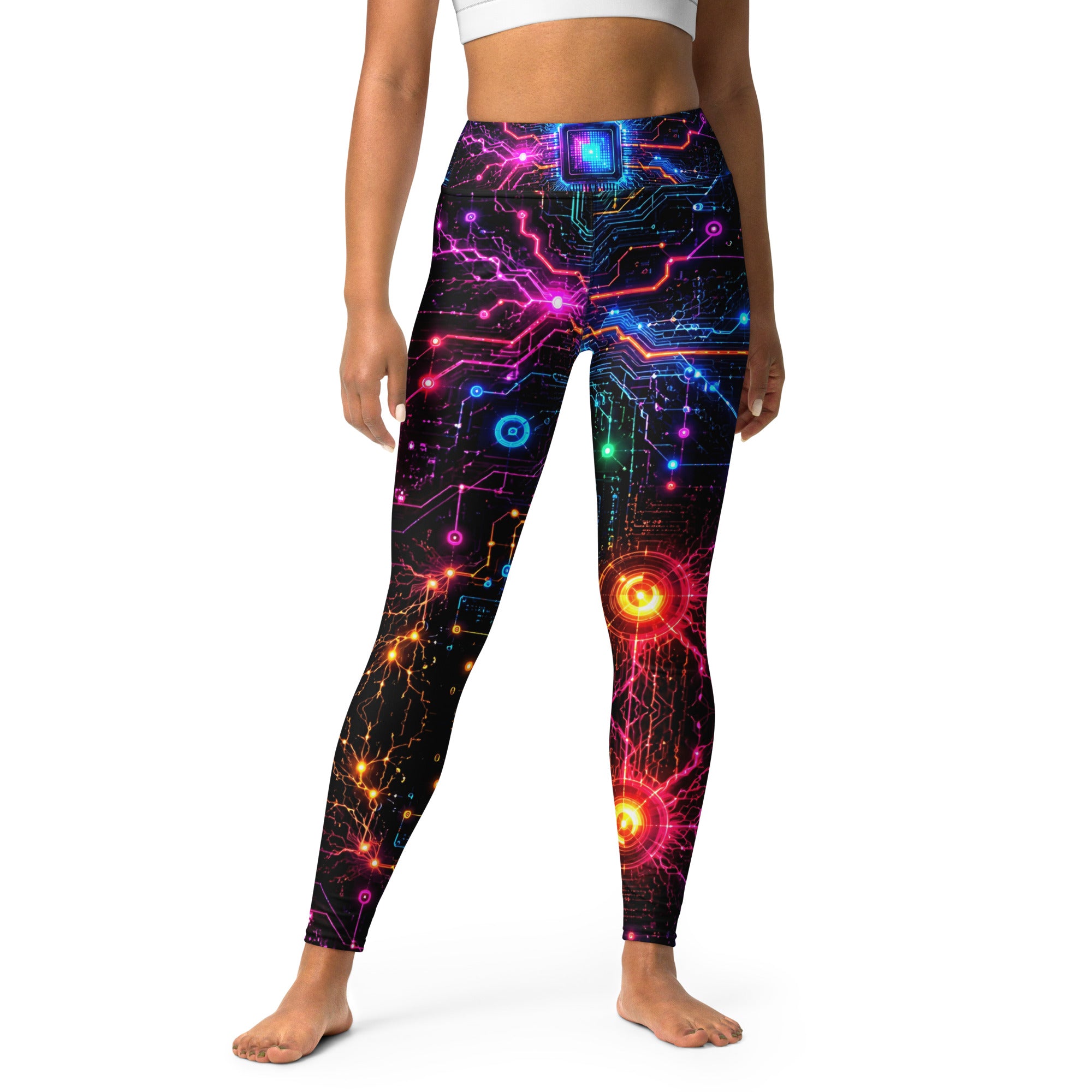 Yoga Leggings - Cyber Neon Circuit Board - Premium Futuristic Electric Processor Design by printfluence.net