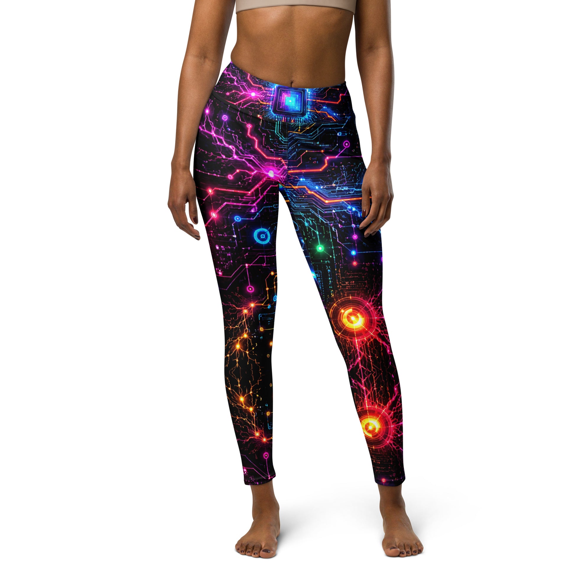 Yoga Leggings - Cyber Neon Circuit Board - Premium Futuristic Electric Processor Design by printfluence.net