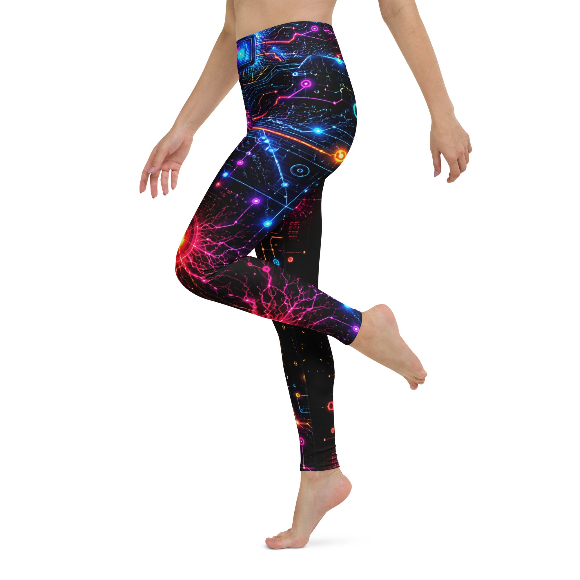 Yoga Leggings - Cyber Neon Circuit Board - Premium Futuristic Electric Processor Design by printfluence.net