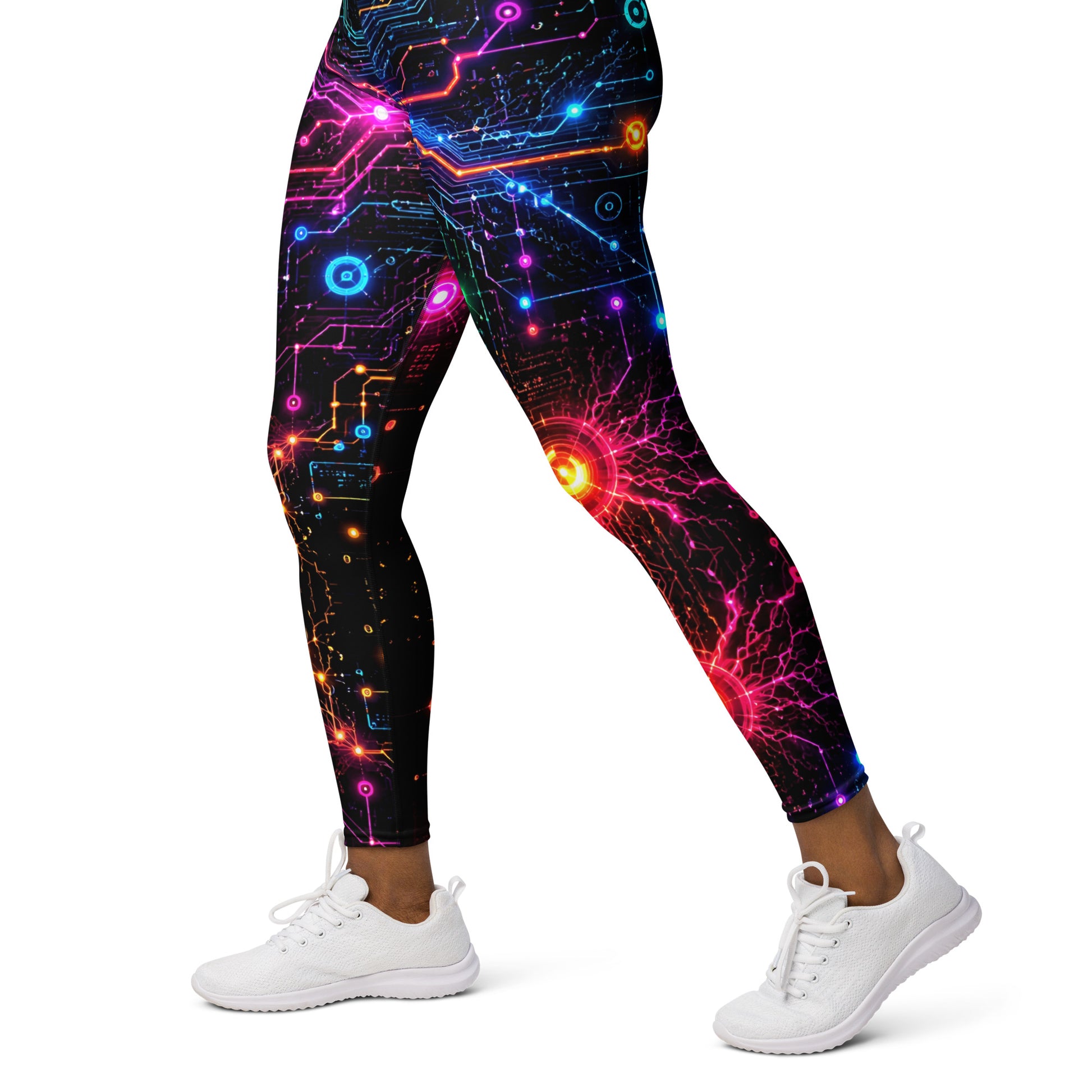 Yoga Leggings - Cyber Neon Circuit Board - Premium Futuristic Electric Processor Design by printfluence.net