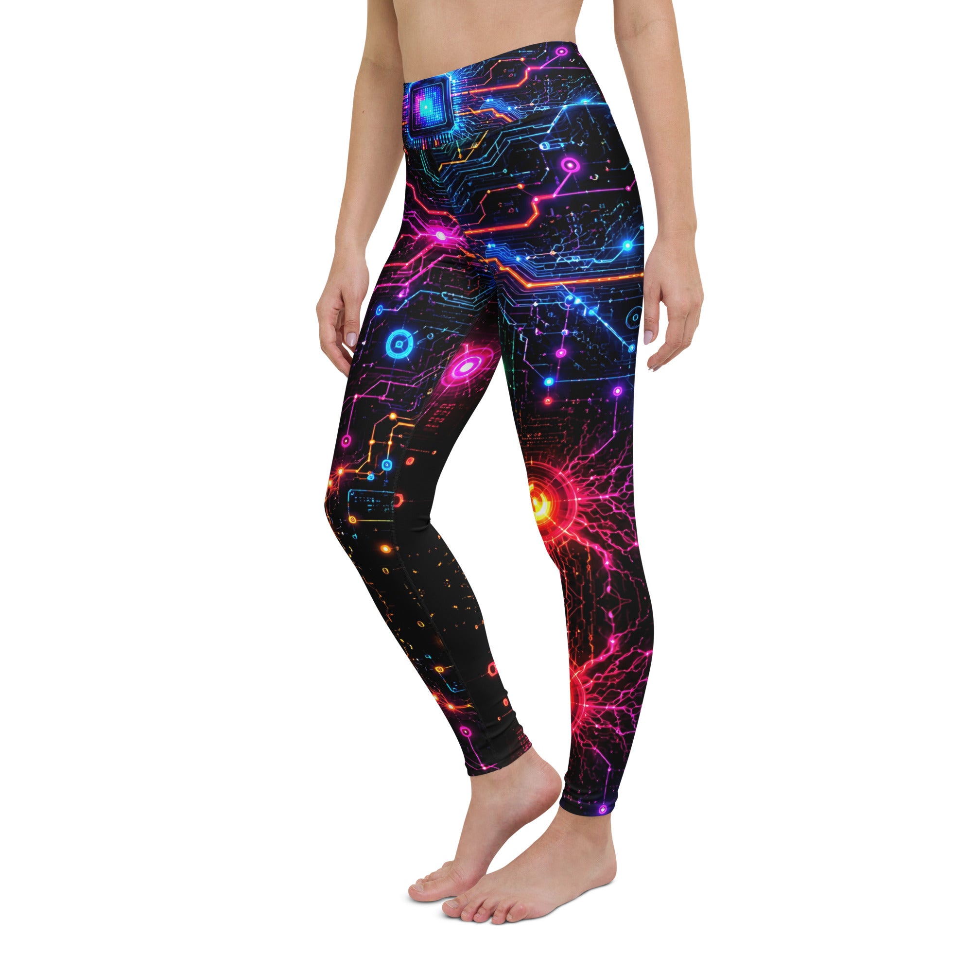Yoga Leggings - Cyber Neon Circuit Board - Premium Futuristic Electric Processor Design by printfluence.net
