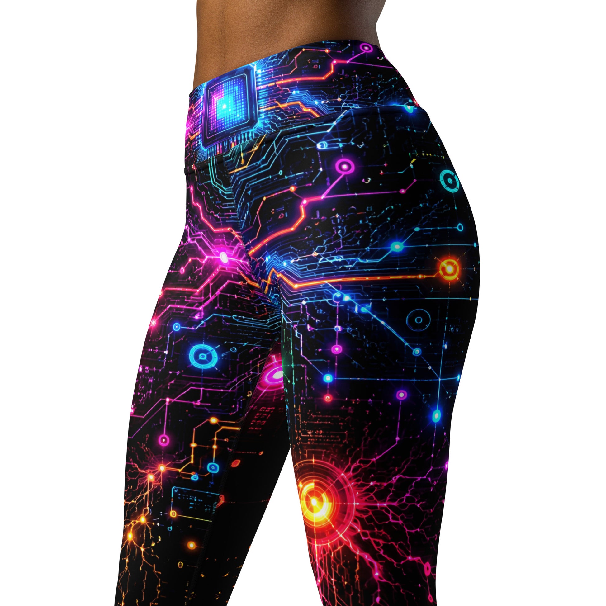 Yoga Leggings - Cyber Neon Circuit Board - Premium Futuristic Electric Processor Design by printfluence.net