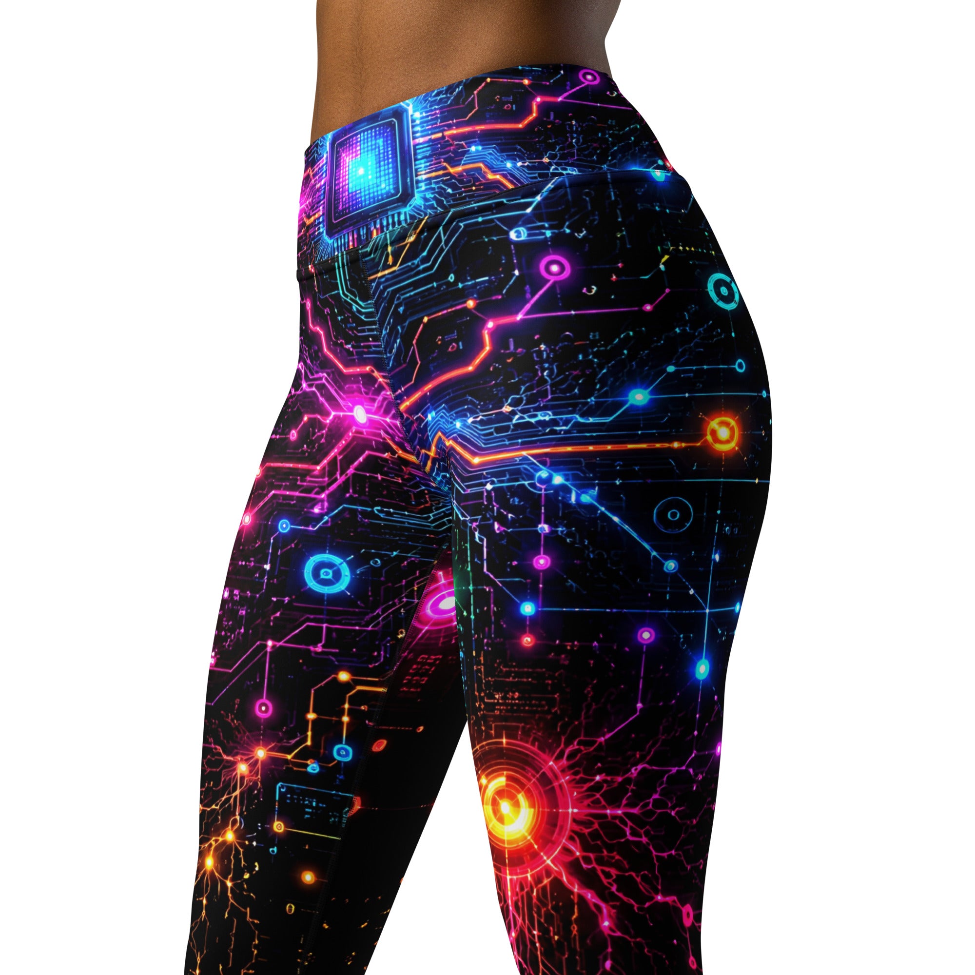 Yoga Leggings - Cyber Neon Circuit Board - Premium Futuristic Electric Processor Design by printfluence.net
