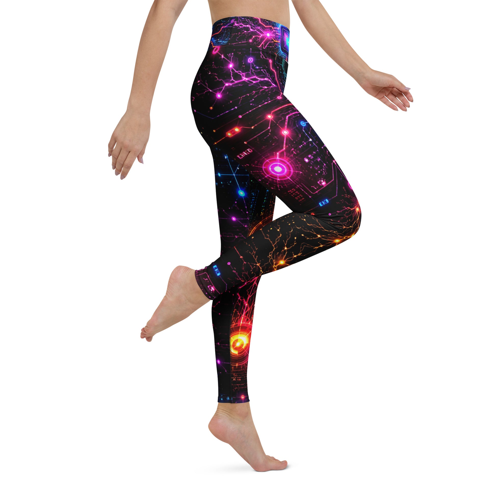 Yoga Leggings - Cyber Neon Circuit Board - Premium Futuristic Electric Processor Design by printfluence.net