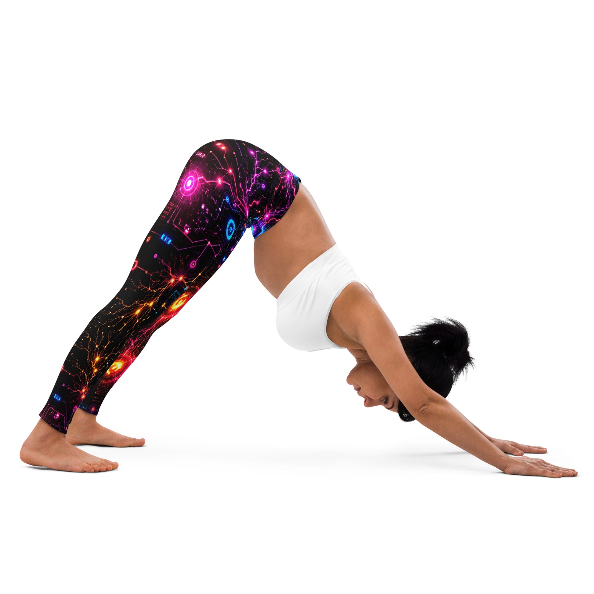 Yoga Leggings - Cyber Neon Circuit Board - Premium Futuristic Electric Processor Design by printfluence.net