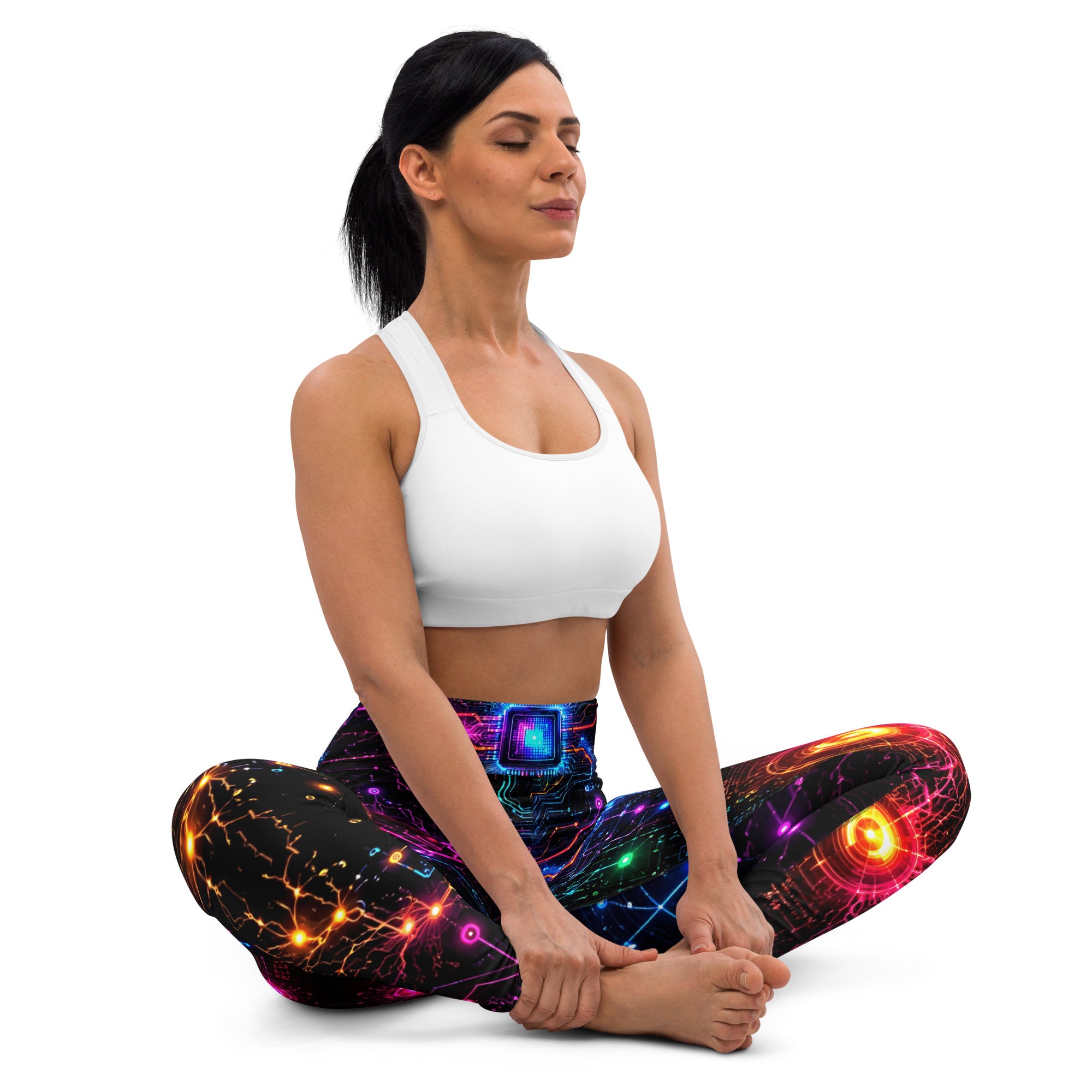 Yoga Leggings - Cyber Neon Circuit Board - Premium Futuristic Electric Processor Design by printfluence.net