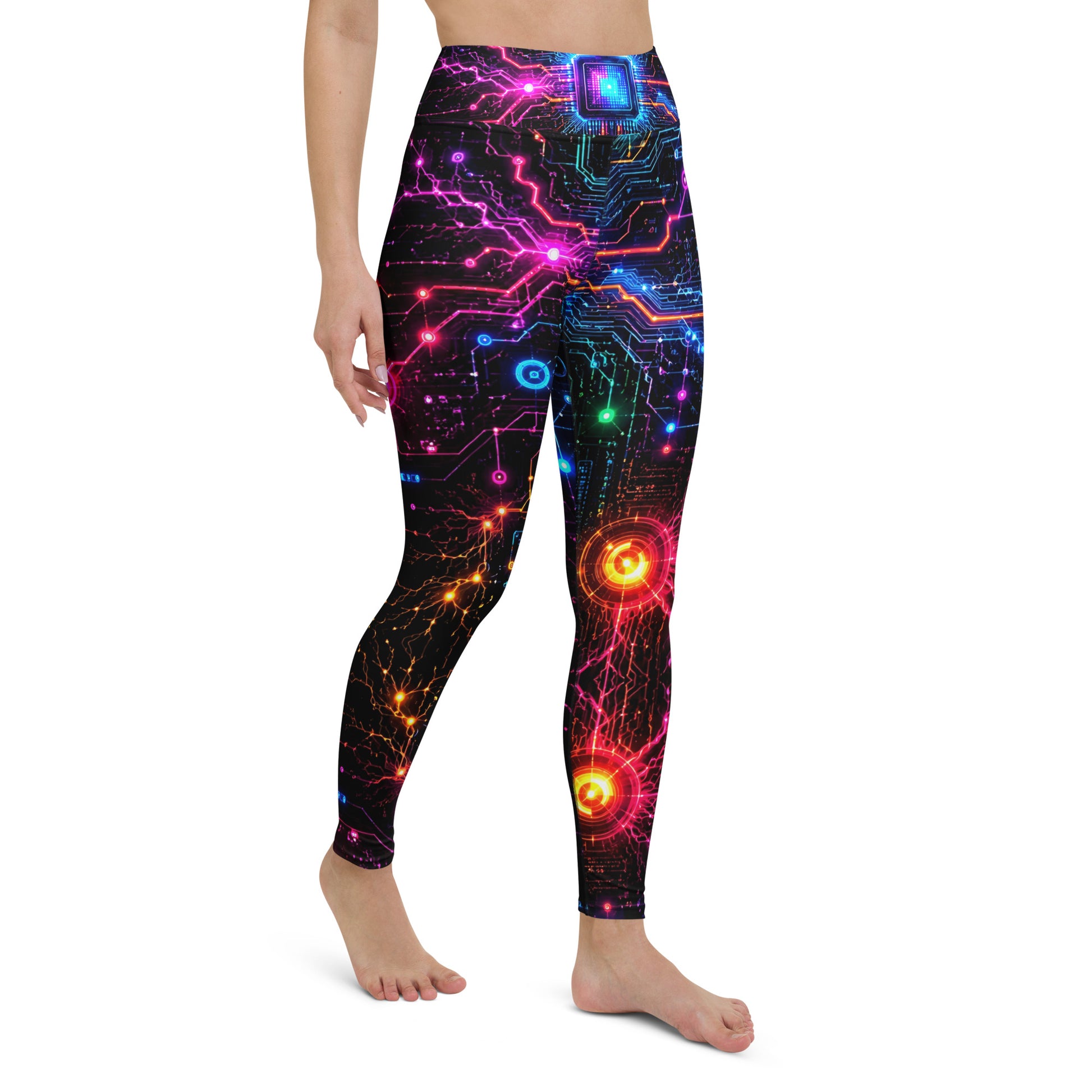 Yoga Leggings - Cyber Neon Circuit Board - Premium Futuristic Electric Processor Design by printfluence.net