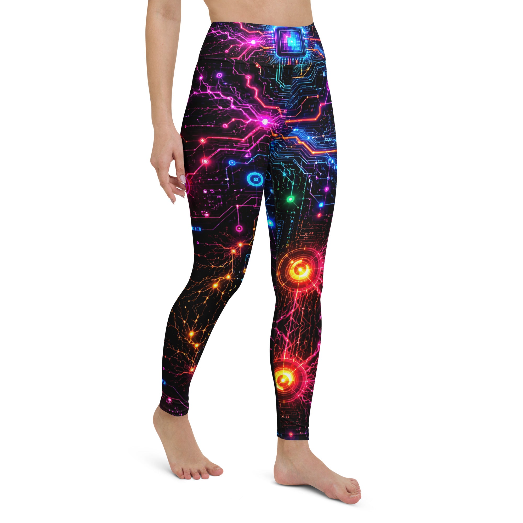 Yoga Leggings - Cyber Neon Circuit Board - Premium Futuristic Electric Processor Design by printfluence.net