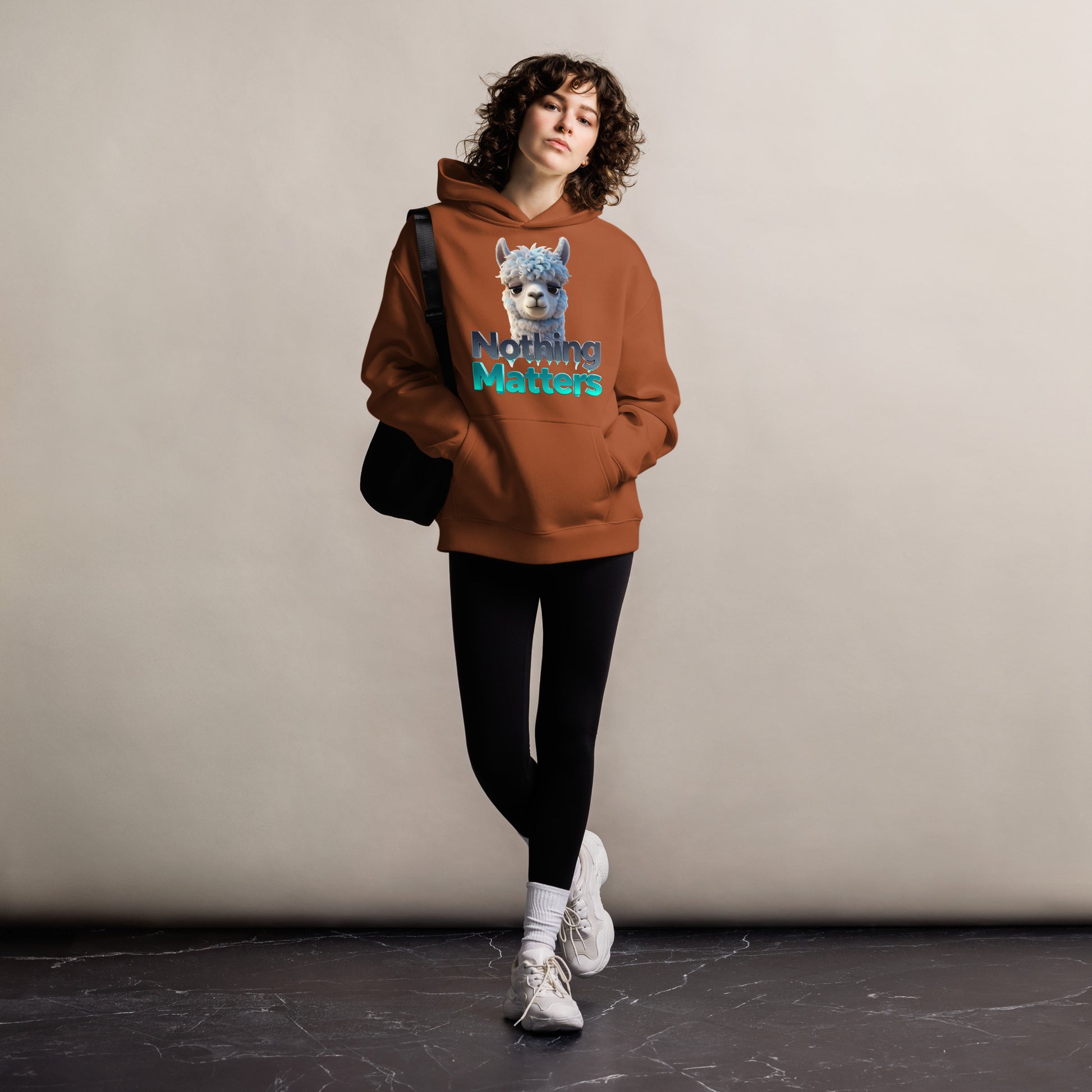 Unisex oversized hoodie - Sad Llama Nothing Matters Oversized Hoodie – Funny Nihilist Cozy Vibes by printfluence.net