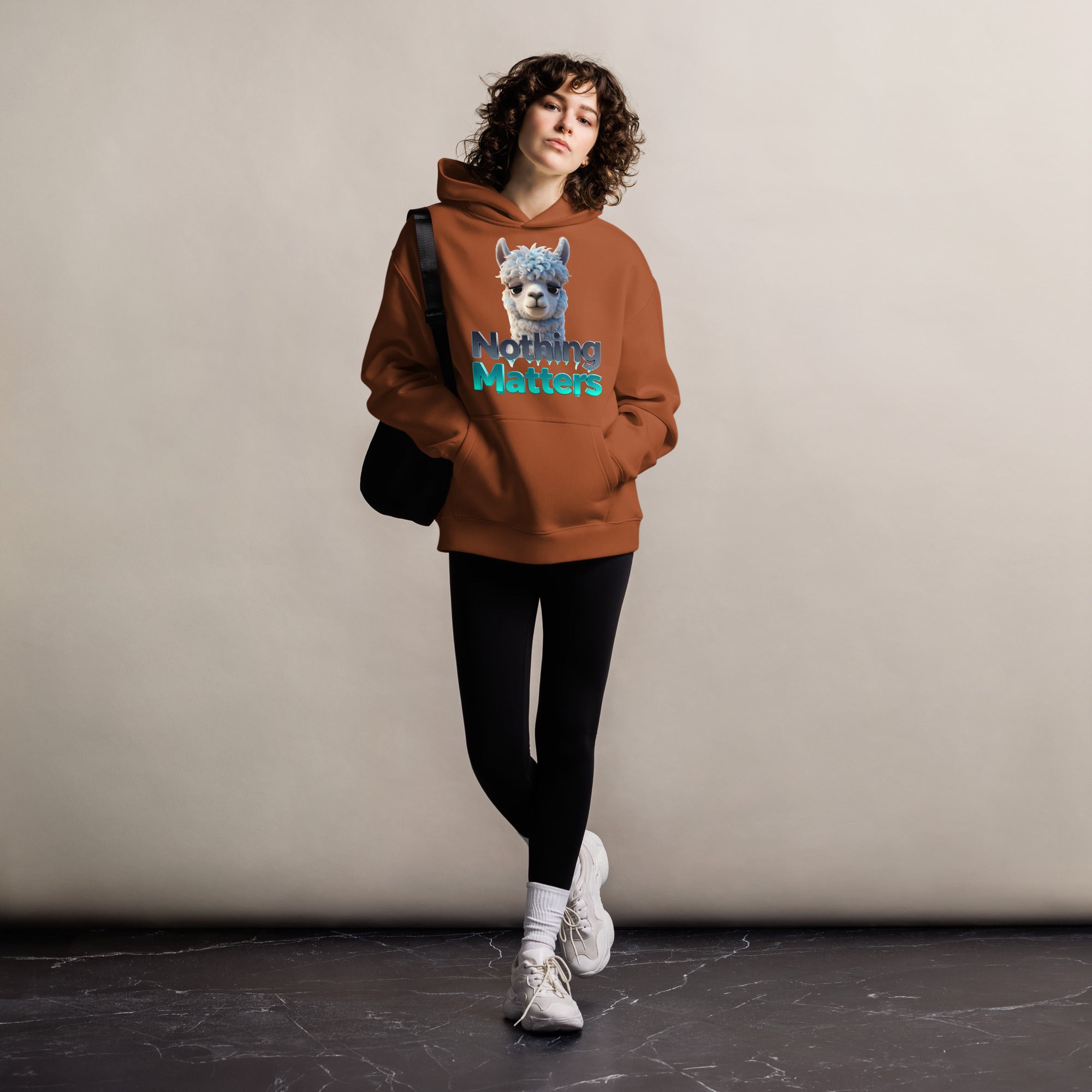 Unisex oversized hoodie - Sad Llama Nothing Matters Oversized Hoodie – Funny Nihilist Cozy Vibes by printfluence.net