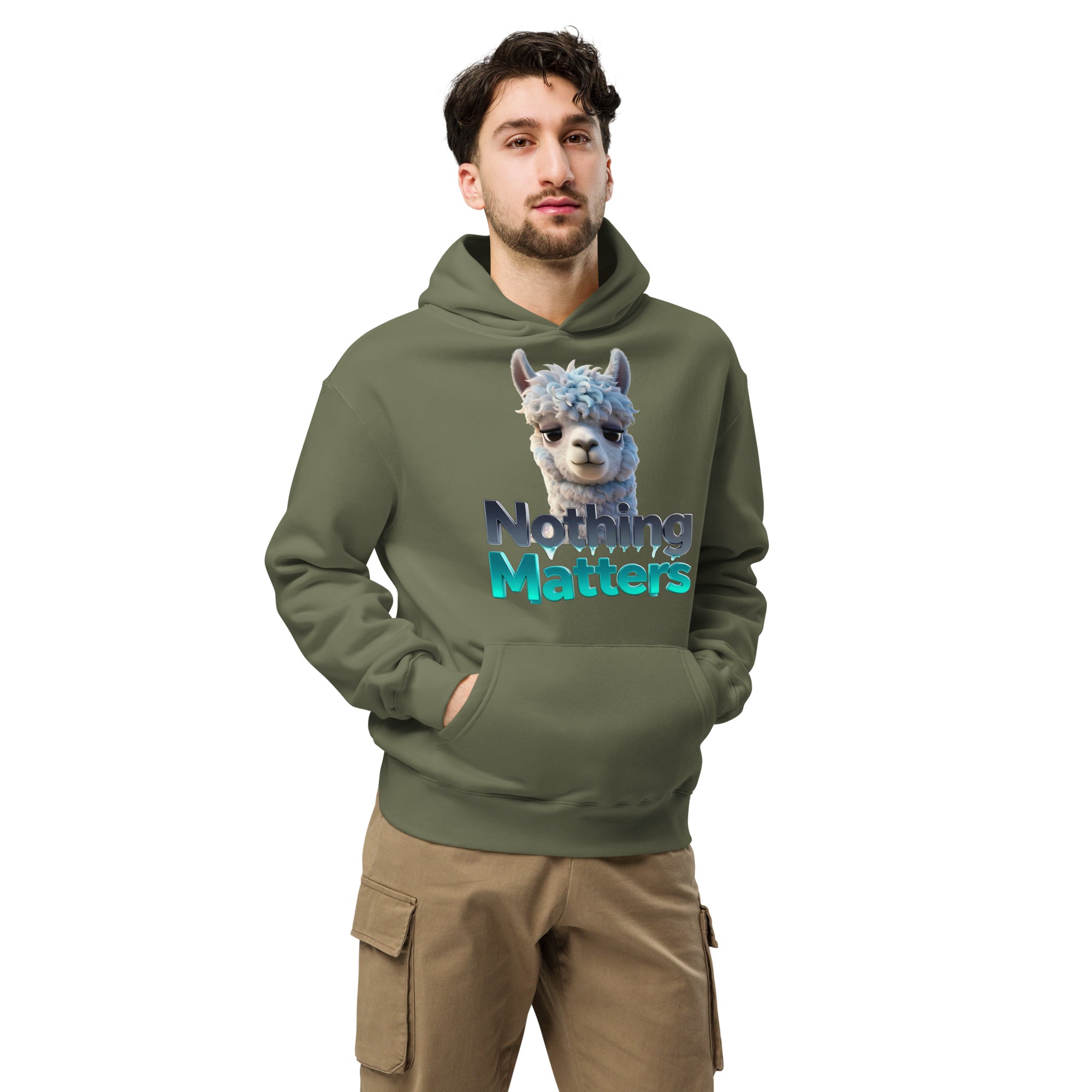 Unisex oversized hoodie - Sad Llama Nothing Matters Oversized Hoodie – Funny Nihilist Cozy Vibes by printfluence.net