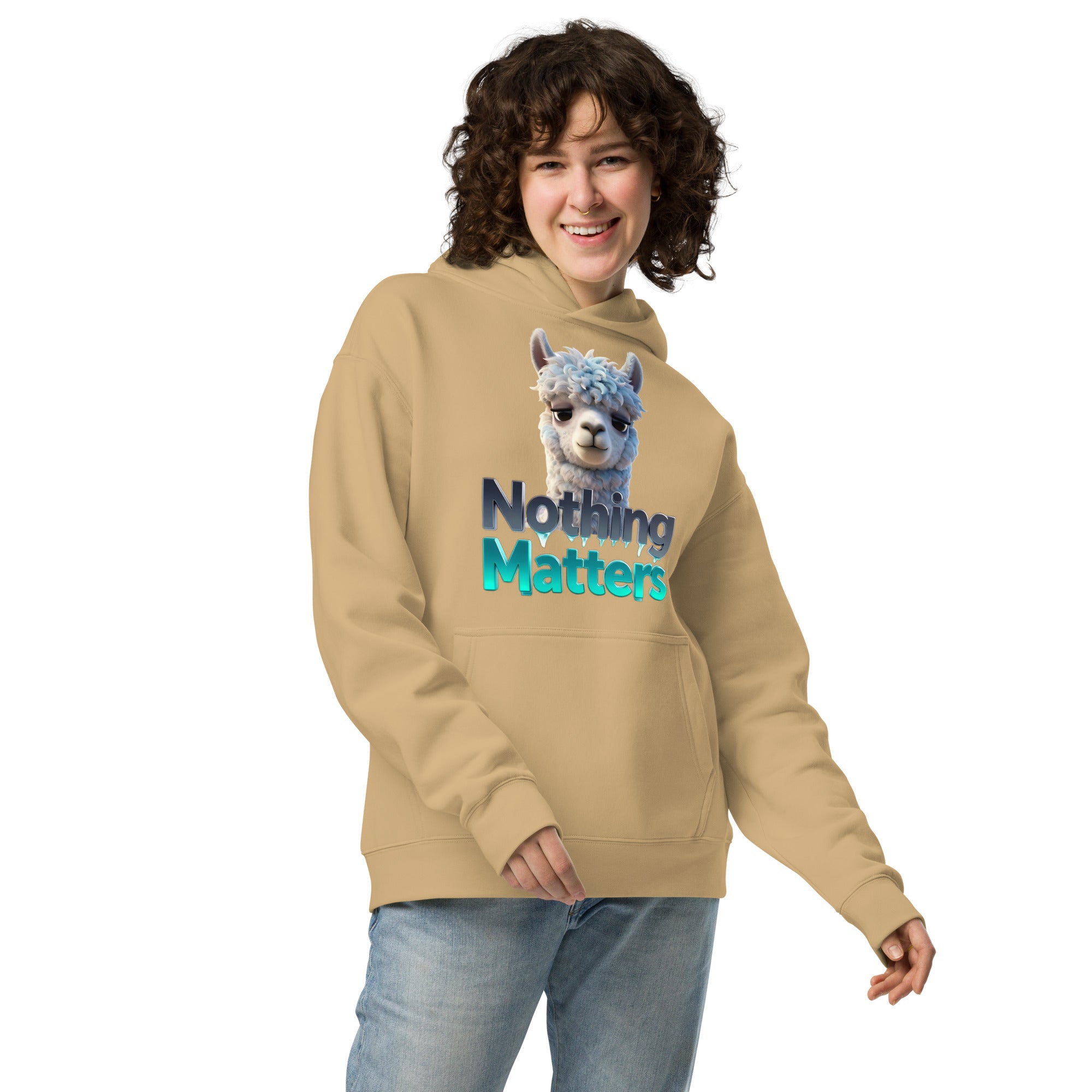 Unisex oversized hoodie - Sad Llama Nothing Matters Oversized Hoodie – Funny Nihilist Cozy Vibes by printfluence.net