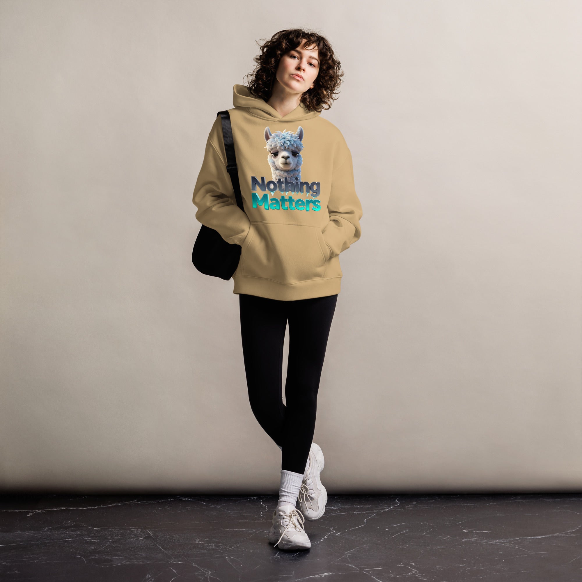 Unisex oversized hoodie - Sad Llama Nothing Matters Oversized Hoodie – Funny Nihilist Cozy Vibes by printfluence.net