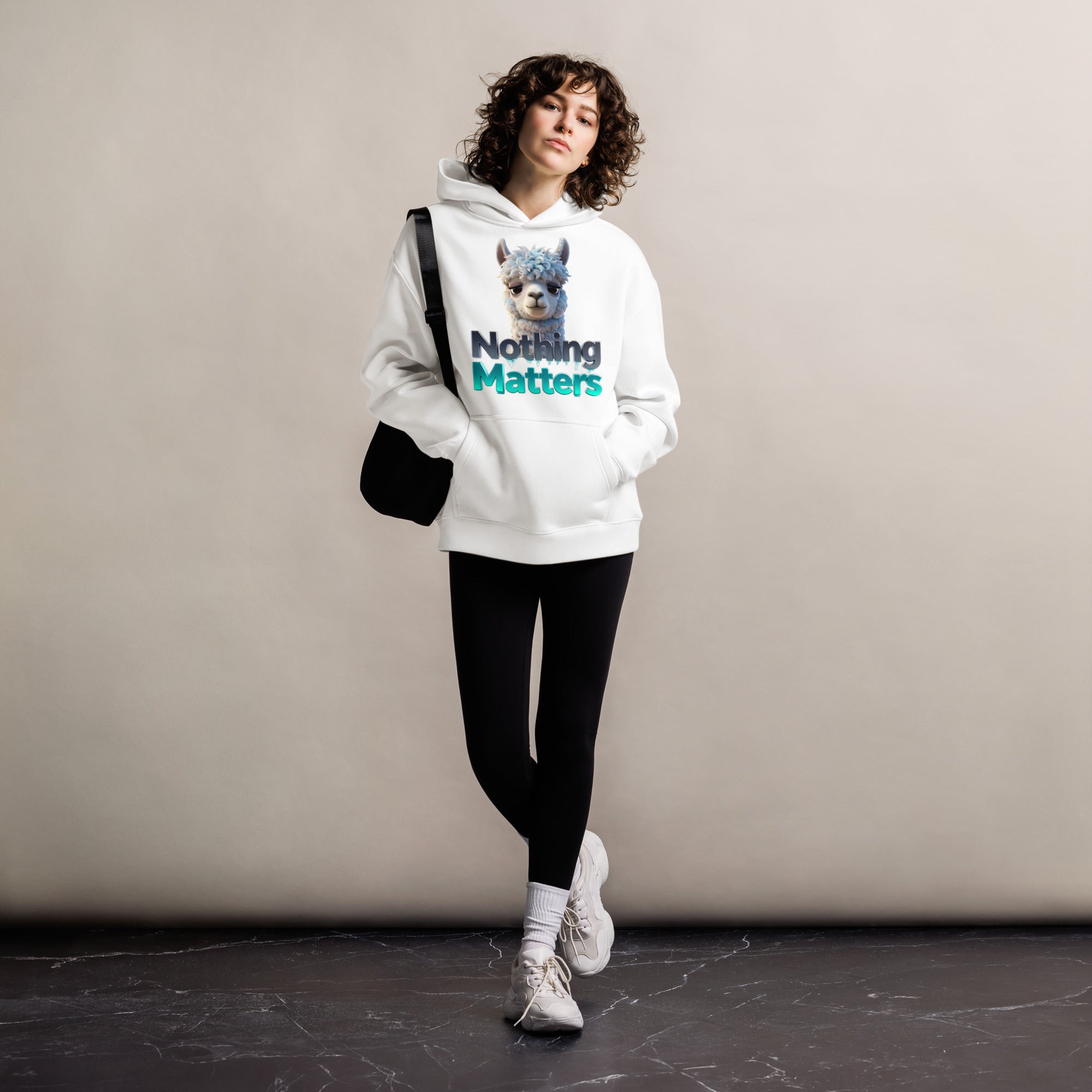 Unisex oversized hoodie - Sad Llama Nothing Matters Oversized Hoodie – Funny Nihilist Cozy Vibes by printfluence.net