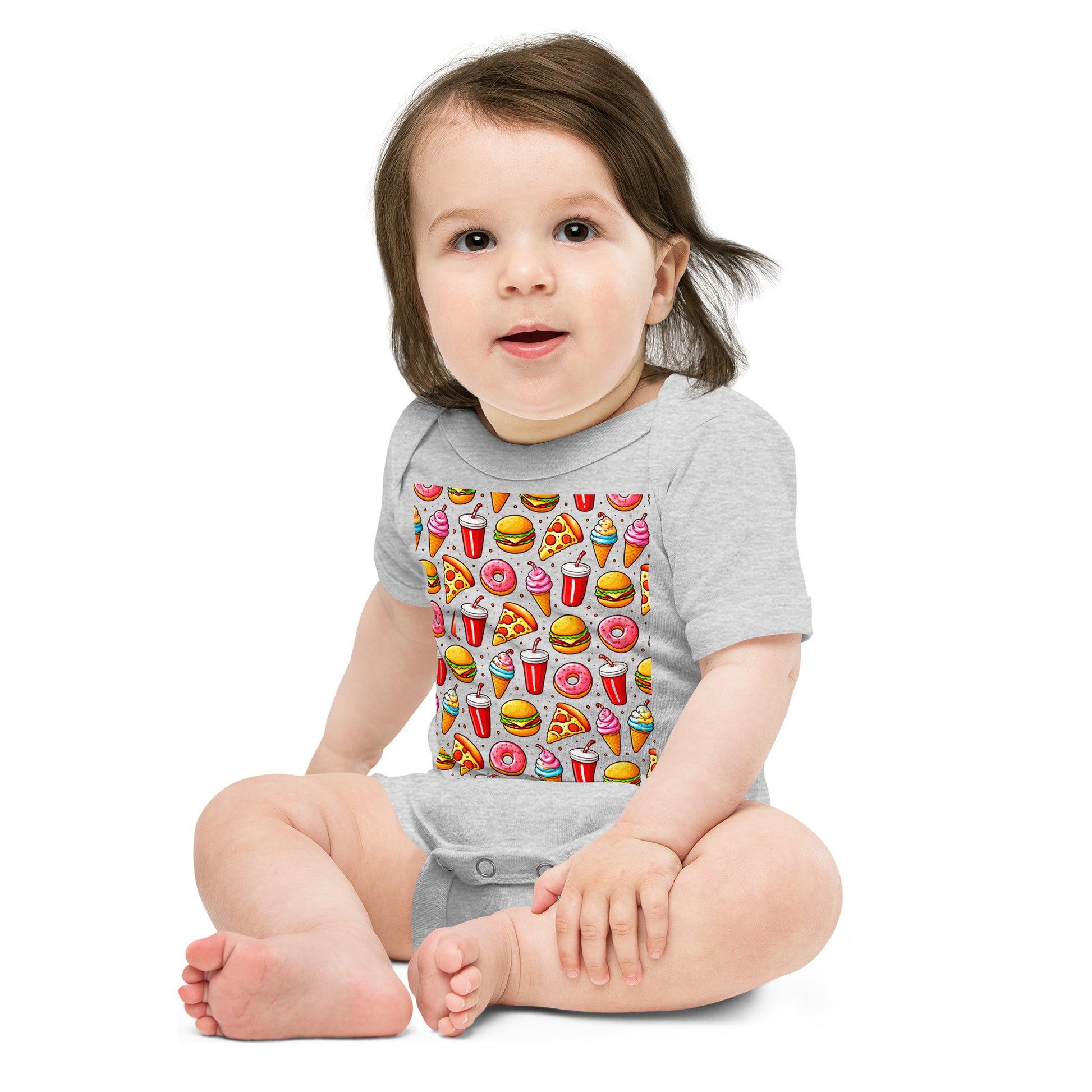 Baby short sleeve one piece - Fast Food Fun Baby Onesie – Cute Cartoon Burger Pizza Pattern Short Sleeve by printfluence.net