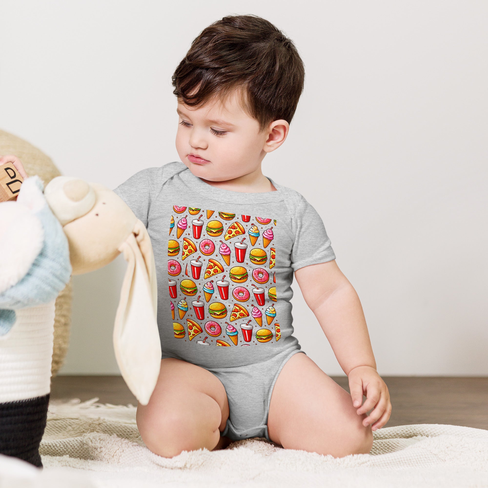 Baby short sleeve one piece - Fast Food Fun Baby Onesie – Cute Cartoon Burger Pizza Pattern Short Sleeve by printfluence.net