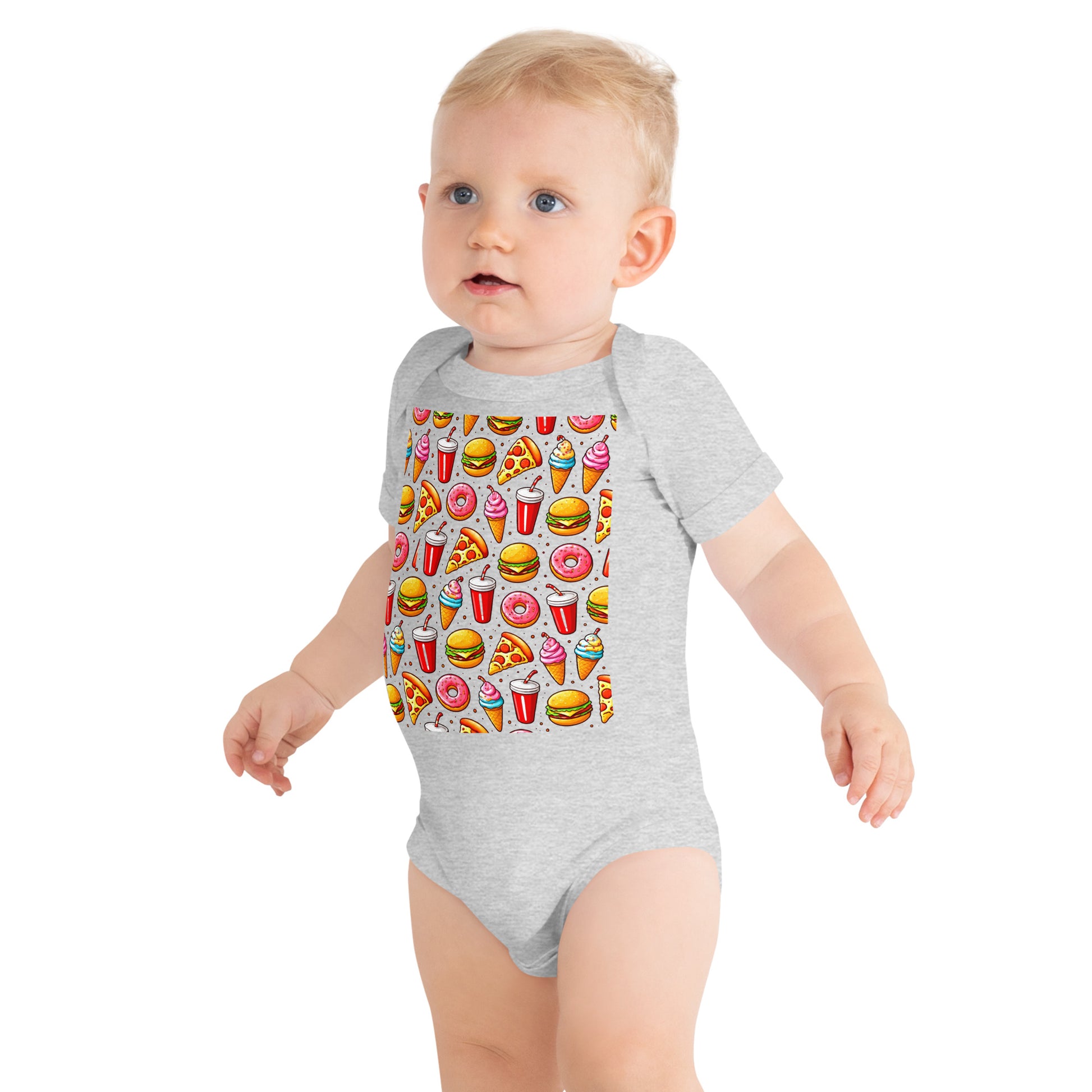 Baby short sleeve one piece - Fast Food Fun Baby Onesie – Cute Cartoon Burger Pizza Pattern Short Sleeve by printfluence.net