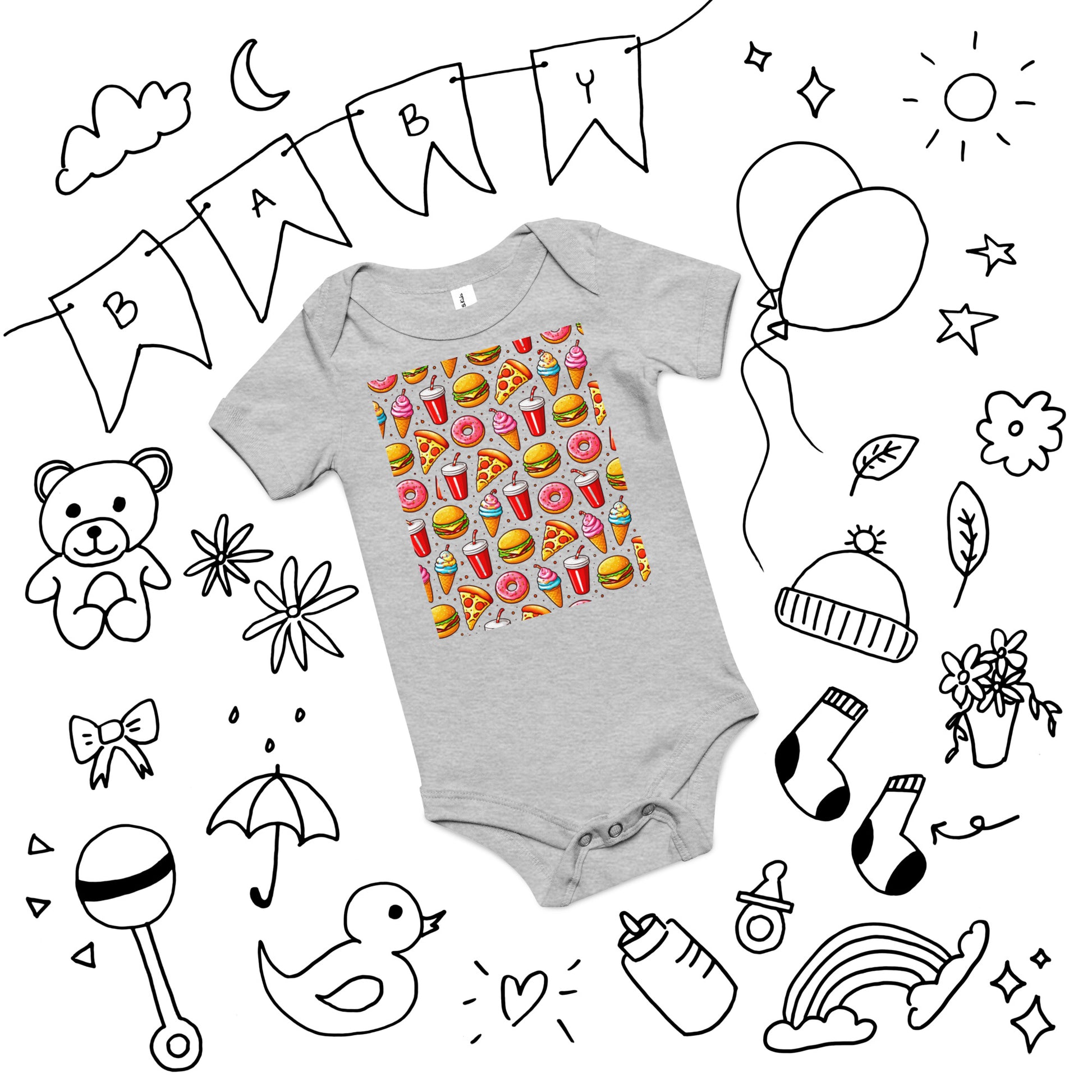 Baby short sleeve one piece - Fast Food Fun Baby Onesie – Cute Cartoon Burger Pizza Pattern Short Sleeve by printfluence.net