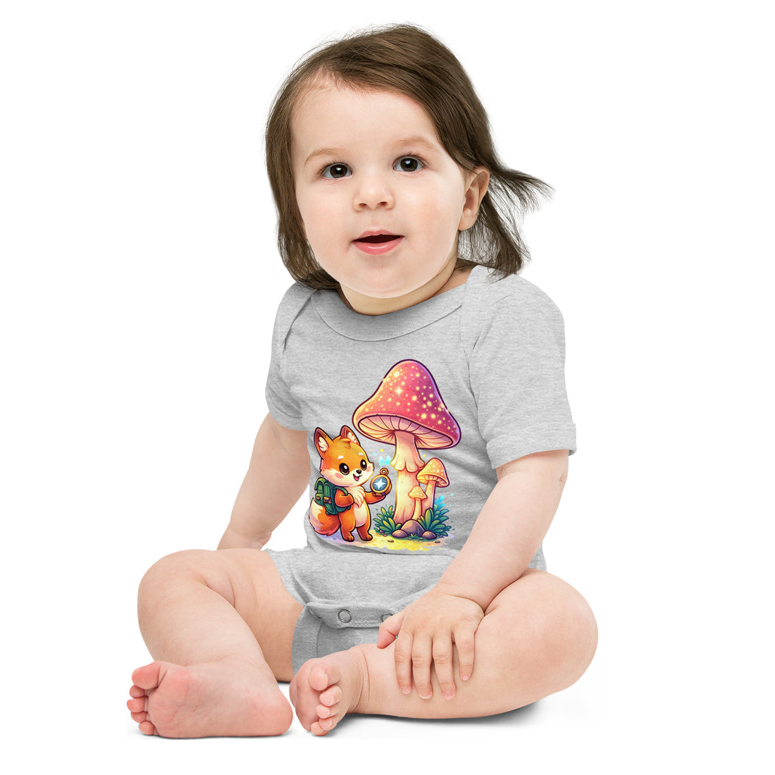 Baby short sleeve one piece - Explorer Fox Baby Onesie – Cute Magical Mushroom Chibi Short Sleeve Bodysuit by printfluence.net