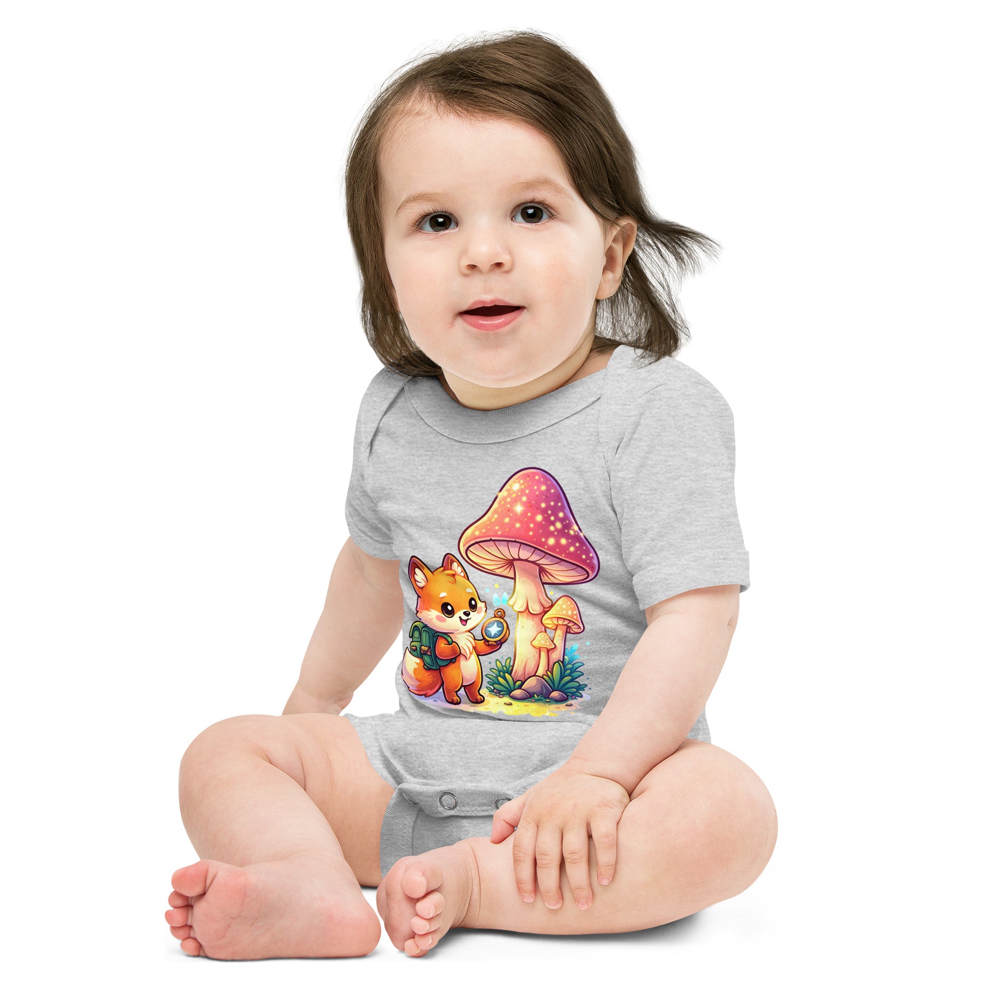 Baby short sleeve one piece - Explorer Fox Baby Onesie – Cute Magical Mushroom Chibi Short Sleeve Bodysuit by printfluence.net