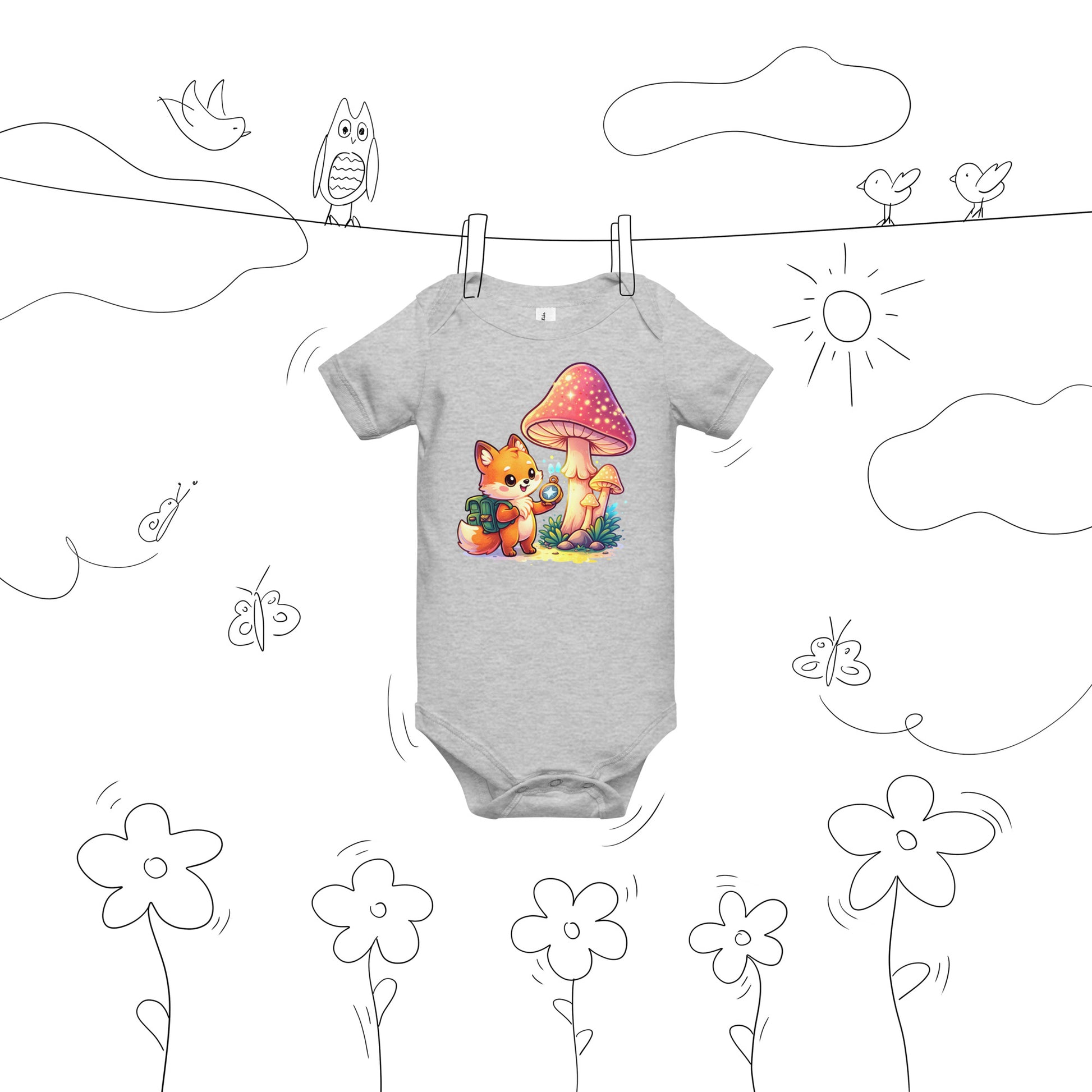 Baby short sleeve one piece - Explorer Fox Baby Onesie – Cute Magical Mushroom Chibi Short Sleeve Bodysuit by printfluence.net