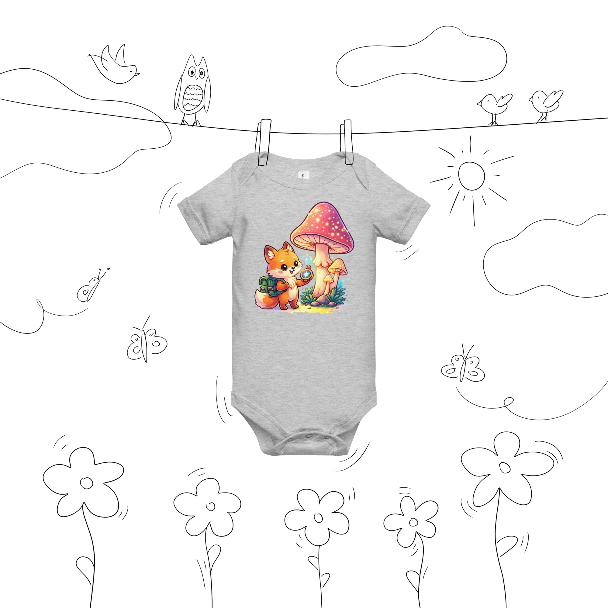 Baby short sleeve one piece - Explorer Fox Baby Onesie – Cute Magical Mushroom Chibi Short Sleeve Bodysuit by printfluence.net