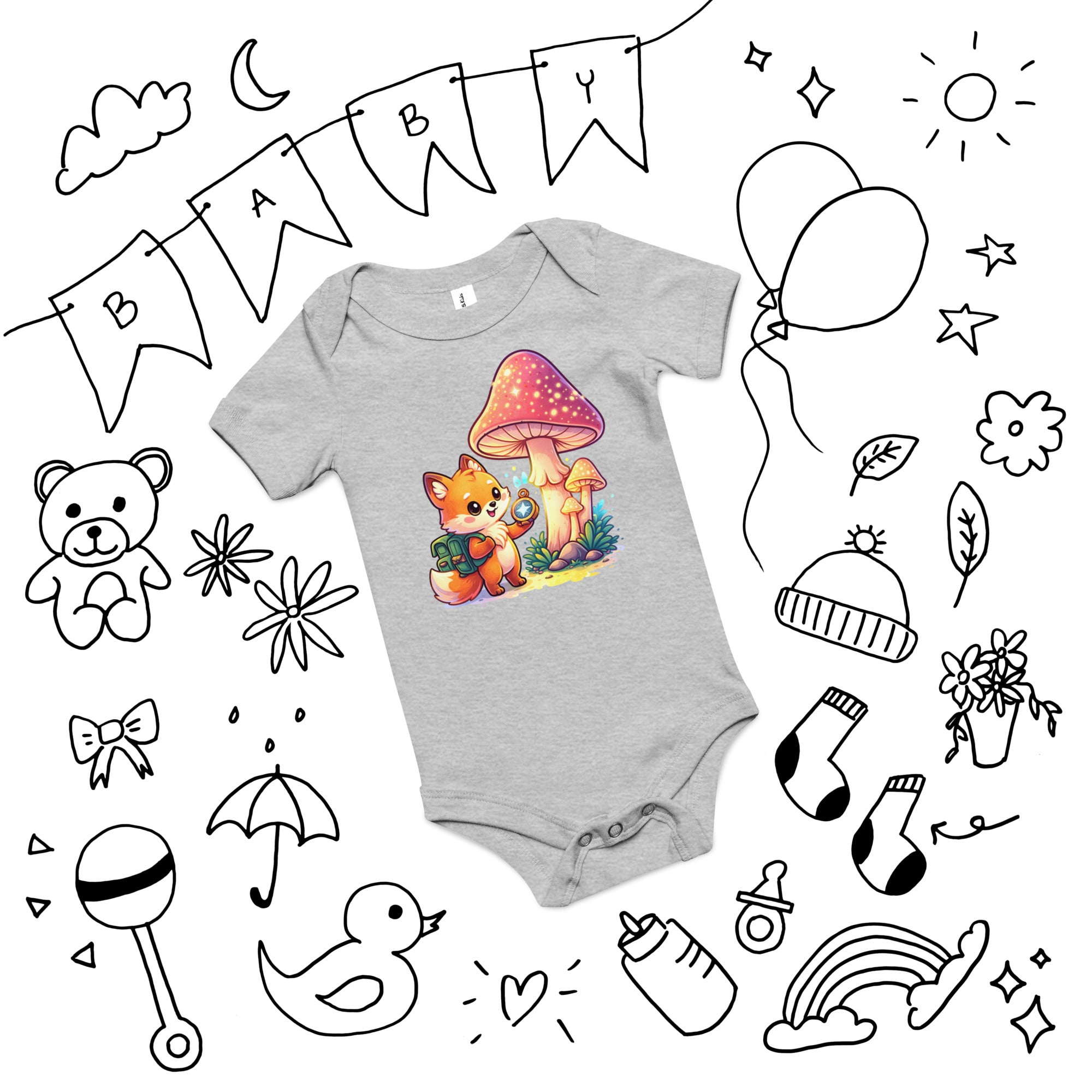 Baby short sleeve one piece - Explorer Fox Baby Onesie – Cute Magical Mushroom Chibi Short Sleeve Bodysuit by printfluence.net