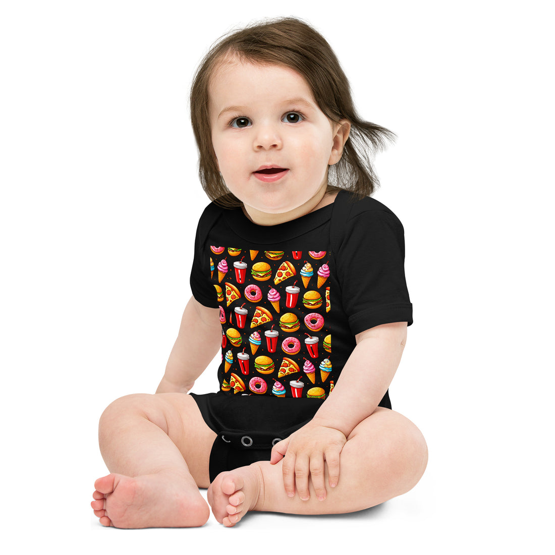 Baby short sleeve one piece - Fast Food Fun Baby Onesie – Cute Cartoon Burger Pizza Pattern Short Sleeve by printfluence.net