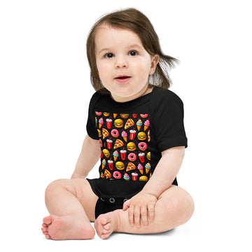 Baby short sleeve one piece - Fast Food Fun Baby Onesie – Cute Cartoon Burger Pizza Pattern Short Sleeve by printfluence.net