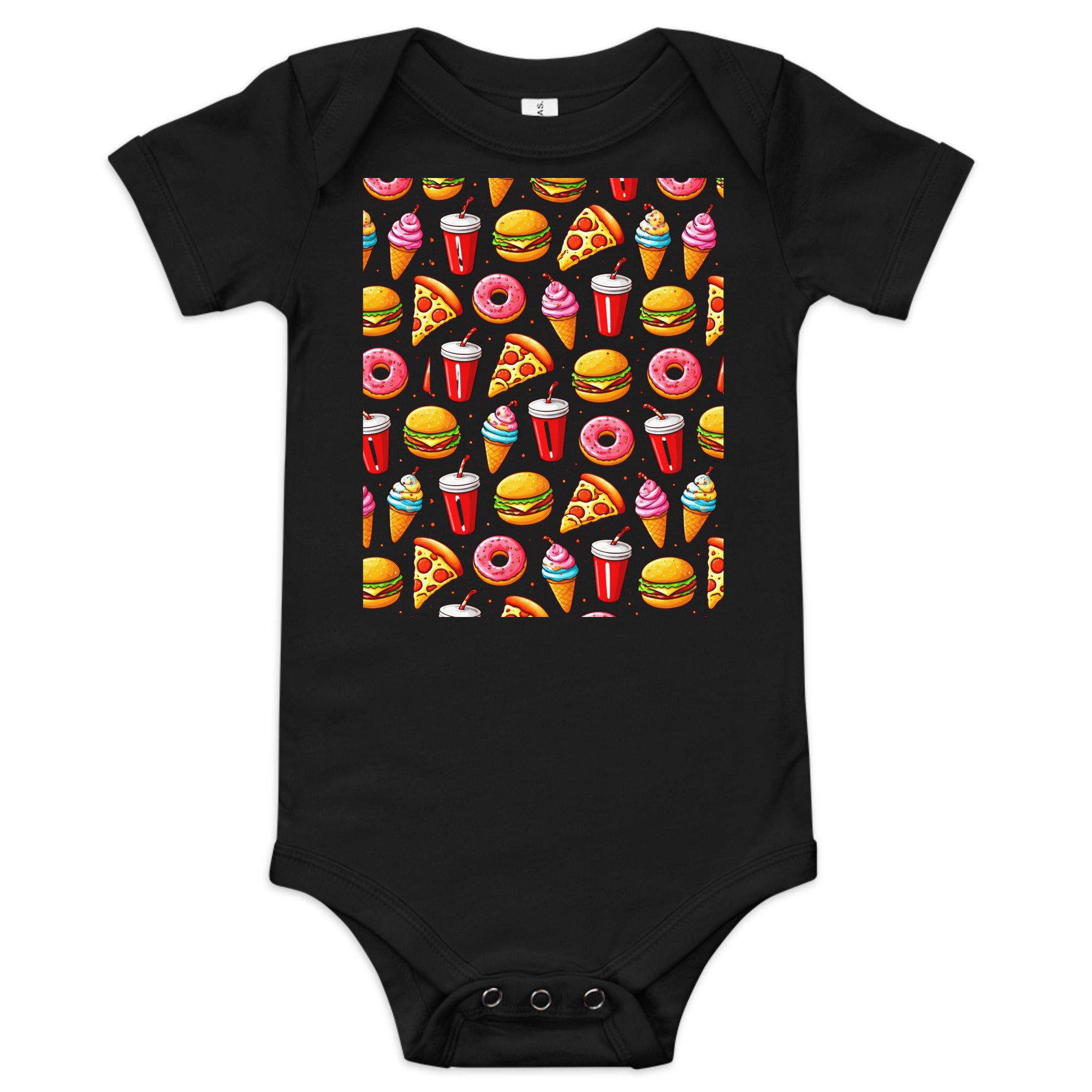 Baby short sleeve one piece - Fast Food Fun Baby Onesie – Cute Cartoon Burger Pizza Pattern Short Sleeve by printfluence.net