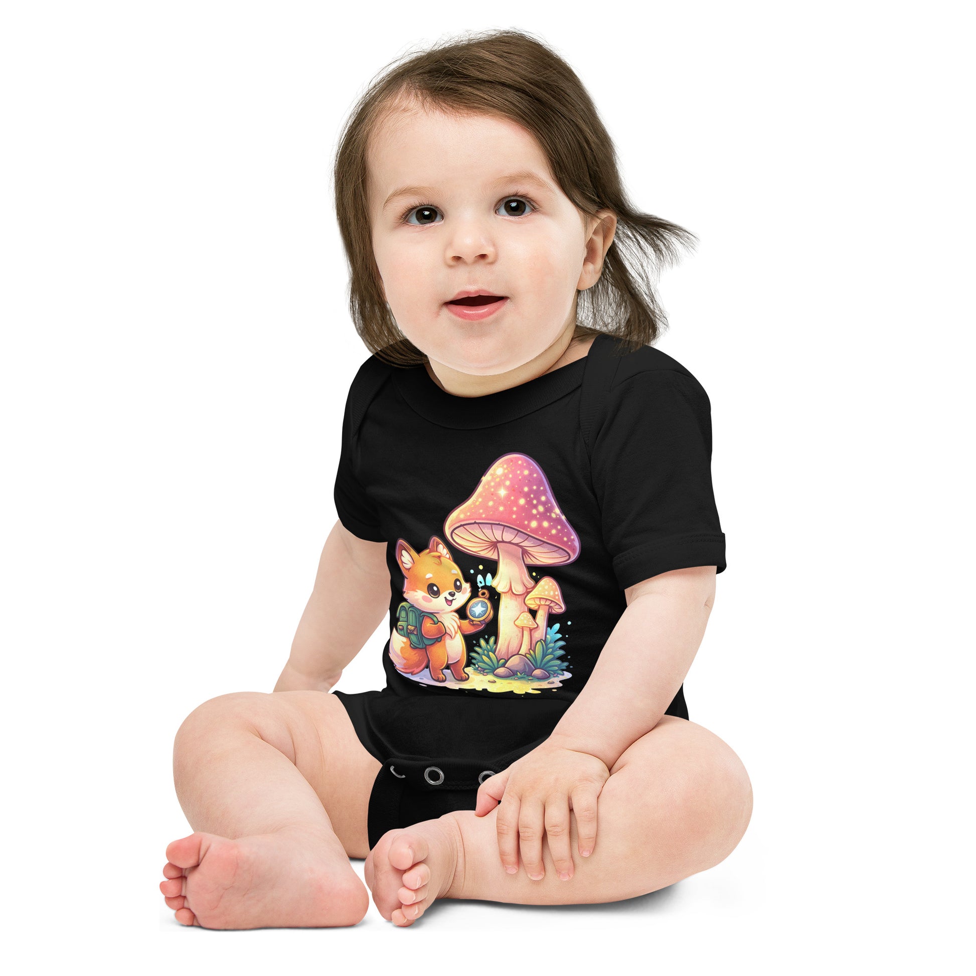 Baby short sleeve one piece - Explorer Fox Baby Onesie – Cute Magical Mushroom Chibi Short Sleeve Bodysuit by printfluence.net
