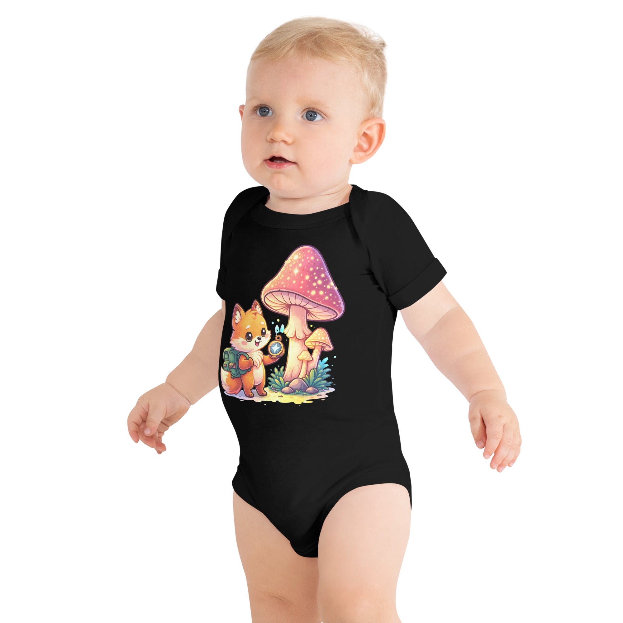 Baby short sleeve one piece - Explorer Fox Baby Onesie – Cute Magical Mushroom Chibi Short Sleeve Bodysuit by printfluence.net