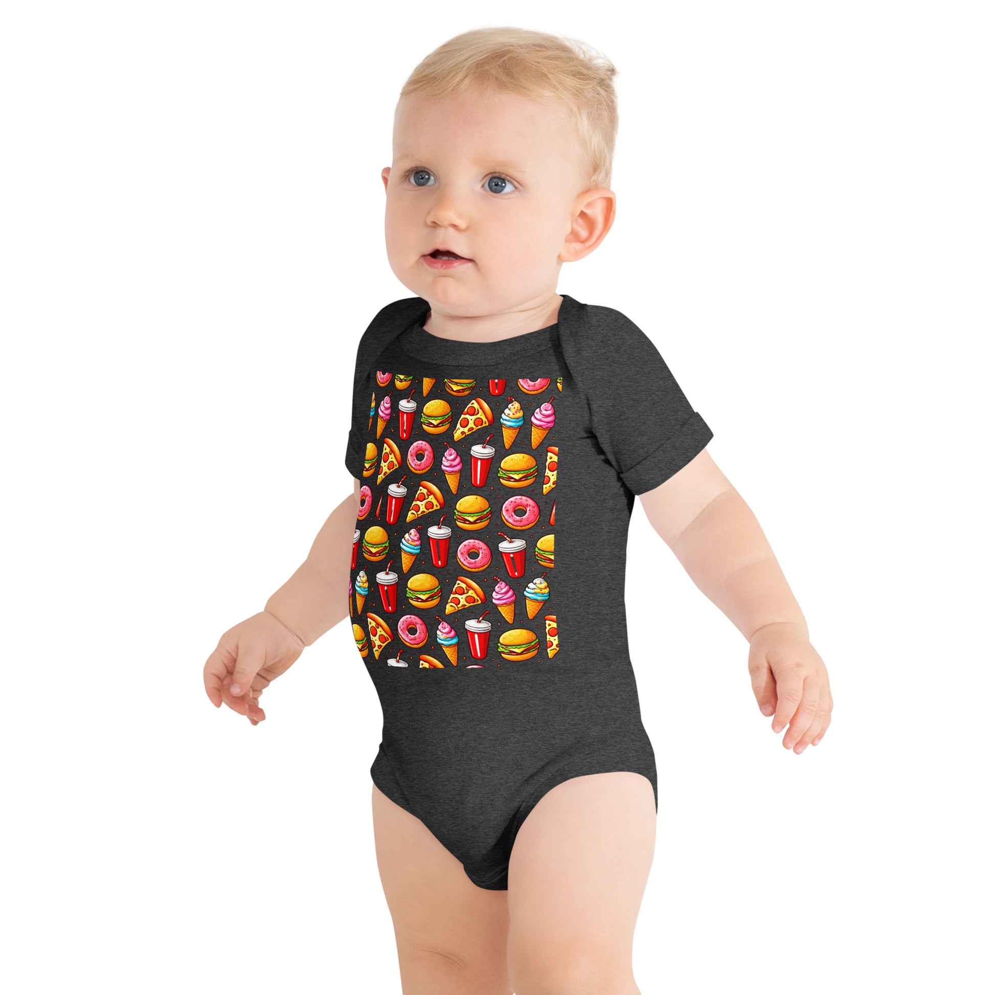 Baby short sleeve one piece - Fast Food Fun Baby Onesie – Cute Cartoon Burger Pizza Pattern Short Sleeve by printfluence.net