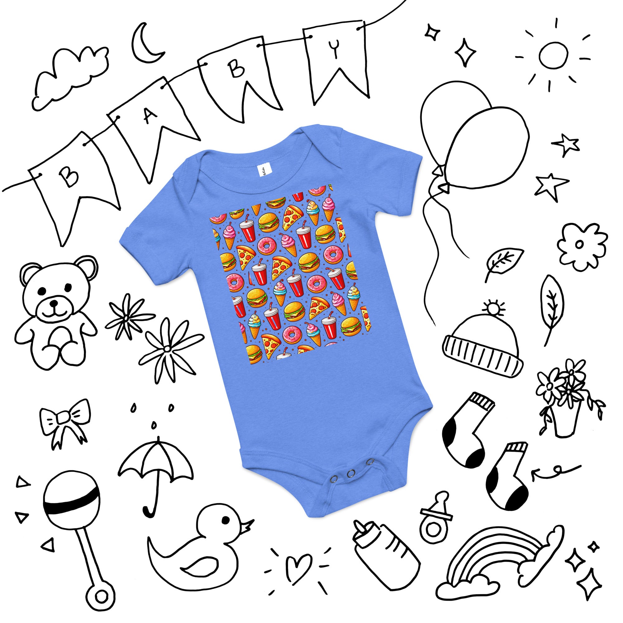 Baby short sleeve one piece - Fast Food Fun Baby Onesie – Cute Cartoon Burger Pizza Pattern Short Sleeve by printfluence.net
