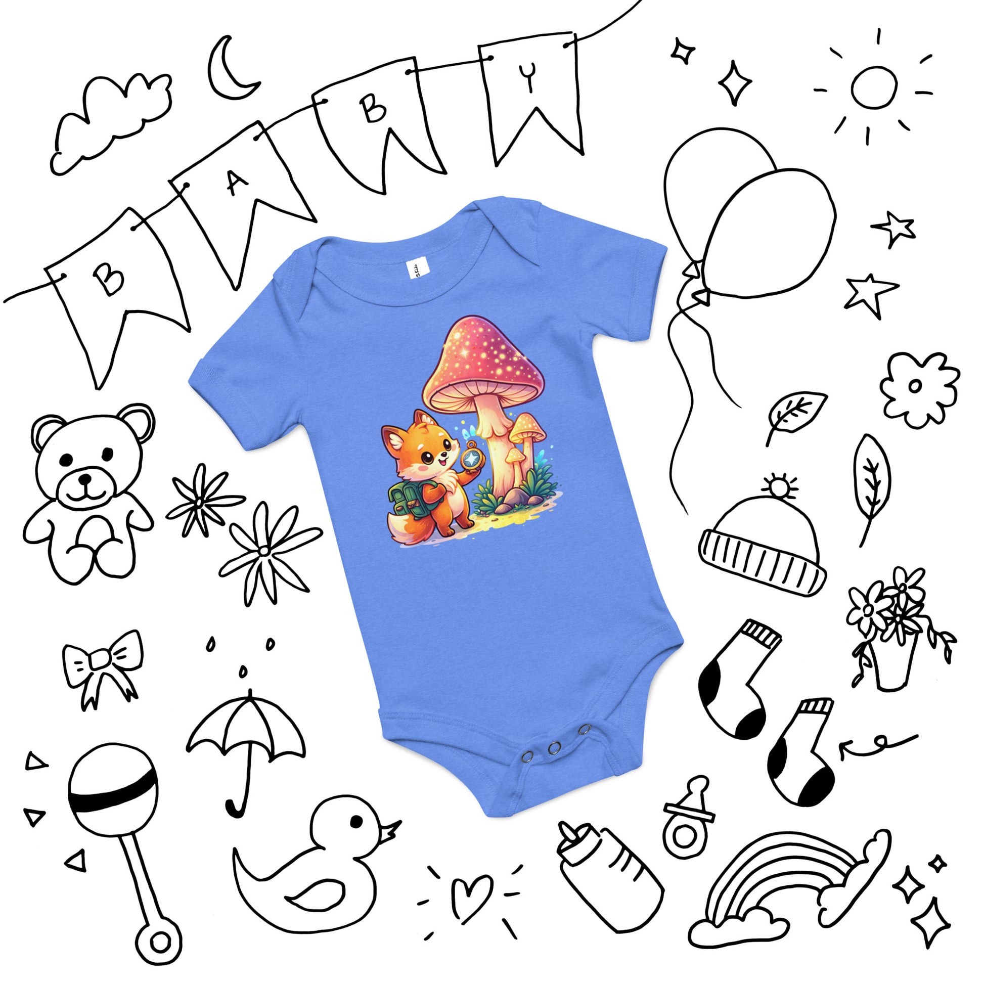 Baby short sleeve one piece - Explorer Fox Baby Onesie – Cute Magical Mushroom Chibi Short Sleeve Bodysuit by printfluence.net