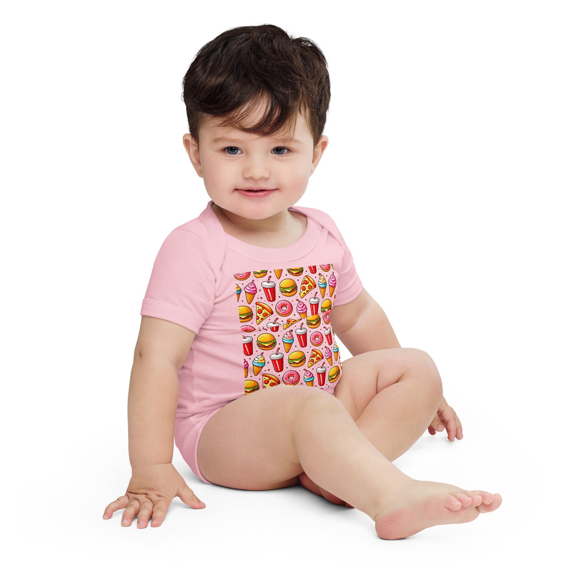 Baby short sleeve one piece - Fast Food Fun Baby Onesie – Cute Cartoon Burger Pizza Pattern Short Sleeve by printfluence.net