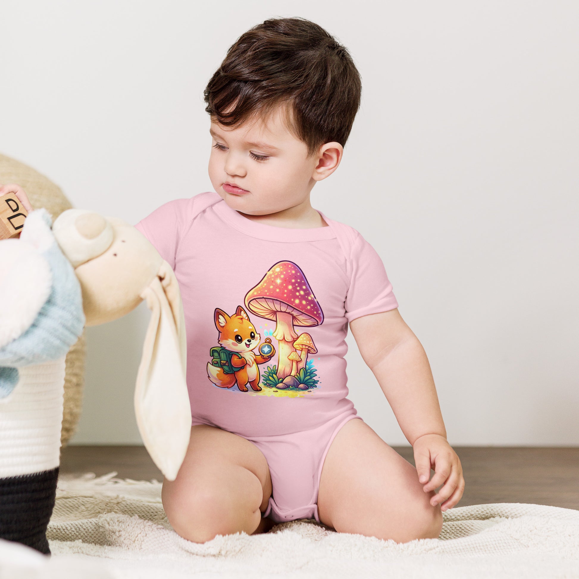 Baby short sleeve one piece - Explorer Fox Baby Onesie – Cute Magical Mushroom Chibi Short Sleeve Bodysuit by printfluence.net