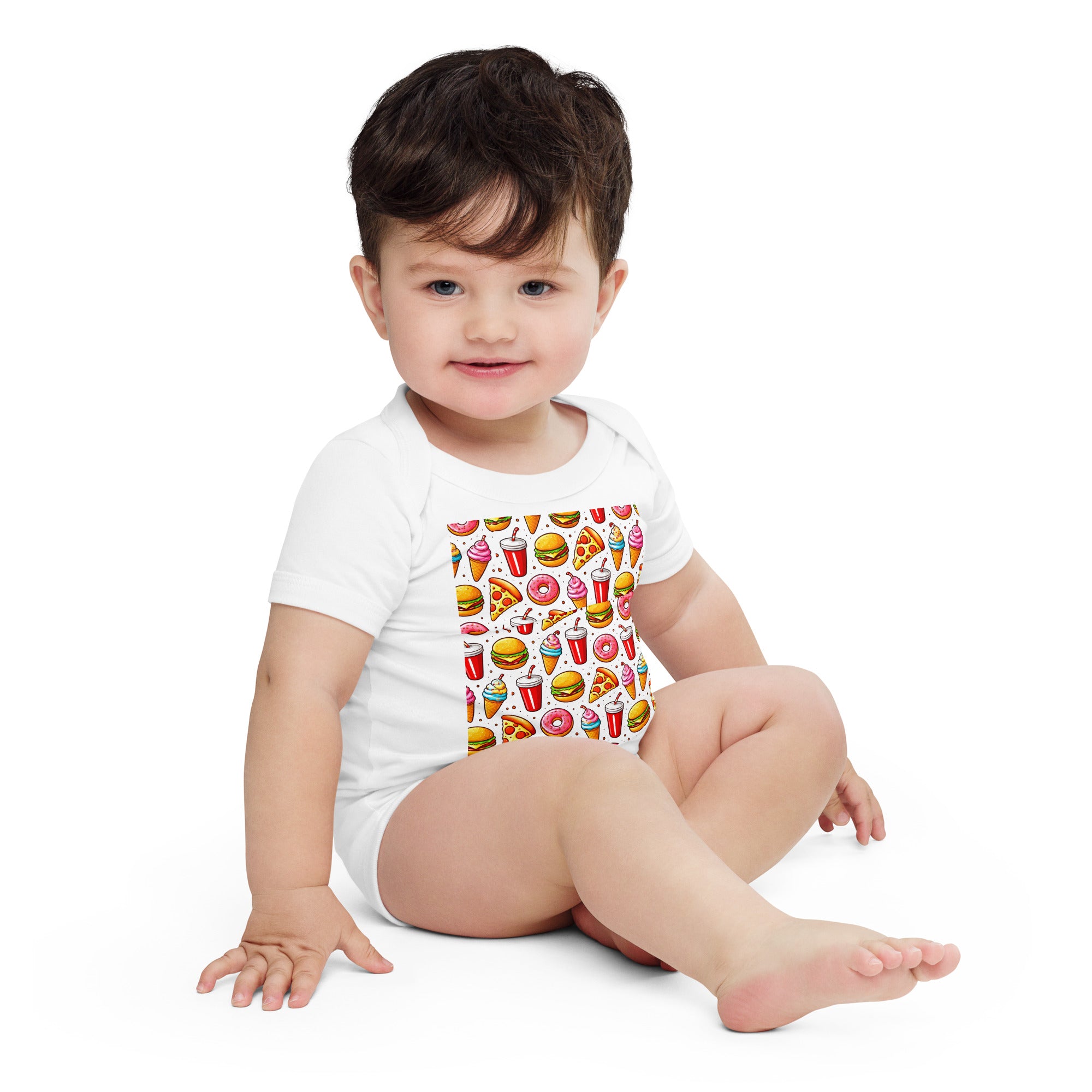Baby short sleeve one piece - Fast Food Fun Baby Onesie – Cute Cartoon Burger Pizza Pattern Short Sleeve by printfluence.net