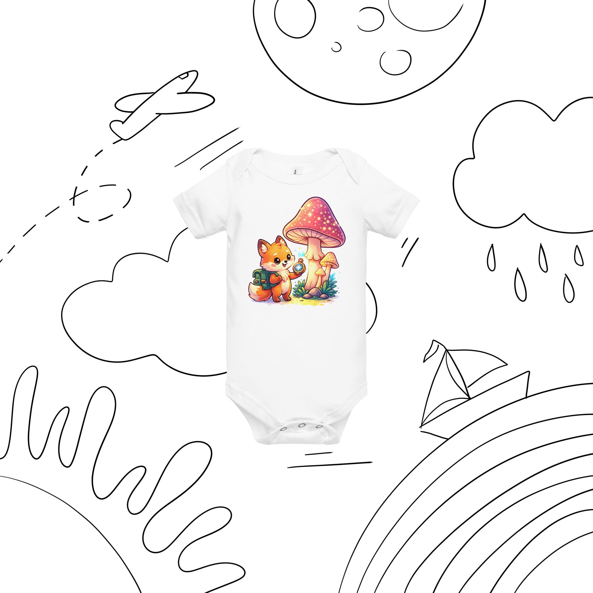 Baby short sleeve one piece - Explorer Fox Baby Onesie – Cute Magical Mushroom Chibi Short Sleeve Bodysuit by printfluence.net