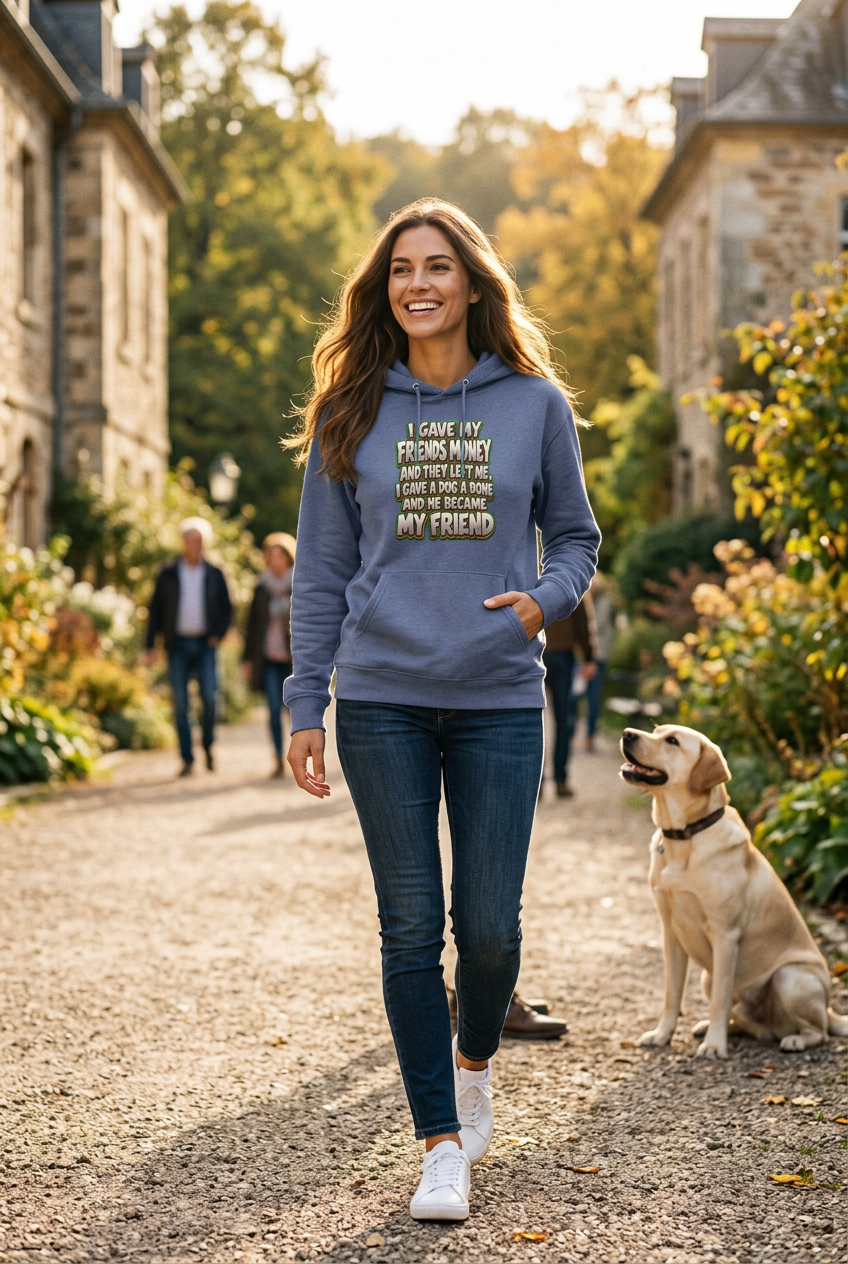 Sarcastic Humor Lovers | Unisex French Terry Hoodie — I GAVE MY FRIENDS MONEY AND THEY LEFT ME, I GAVE A DOG A BONE AND HE BECAME MY FRIEND by printfluence