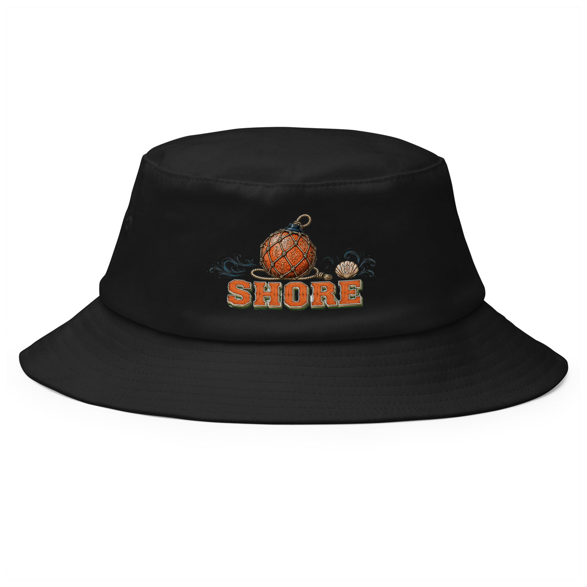 Fishing Lovers 100% Cotton Heavyweight Old School Bucket Hat with Vintage Glass Float and "SHORE" Design by printfluence.net