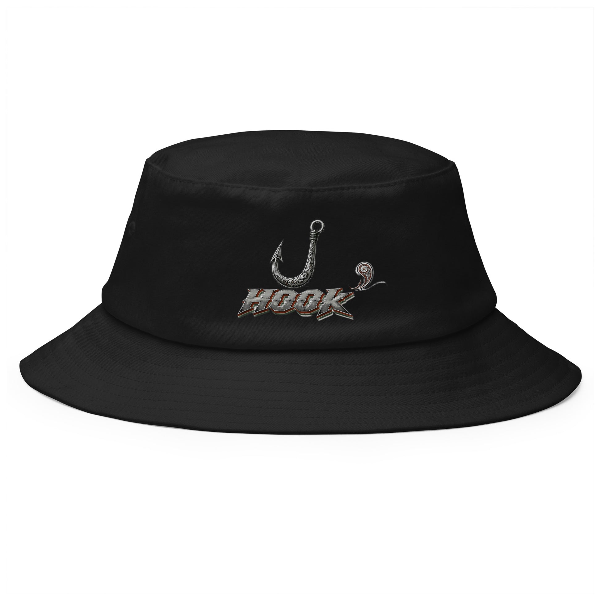 Fishing Lovers 100% Heavyweight Cotton Old School Bucket Hat with Metallic Fish Hook and "HOOK" Design by printfluence.net