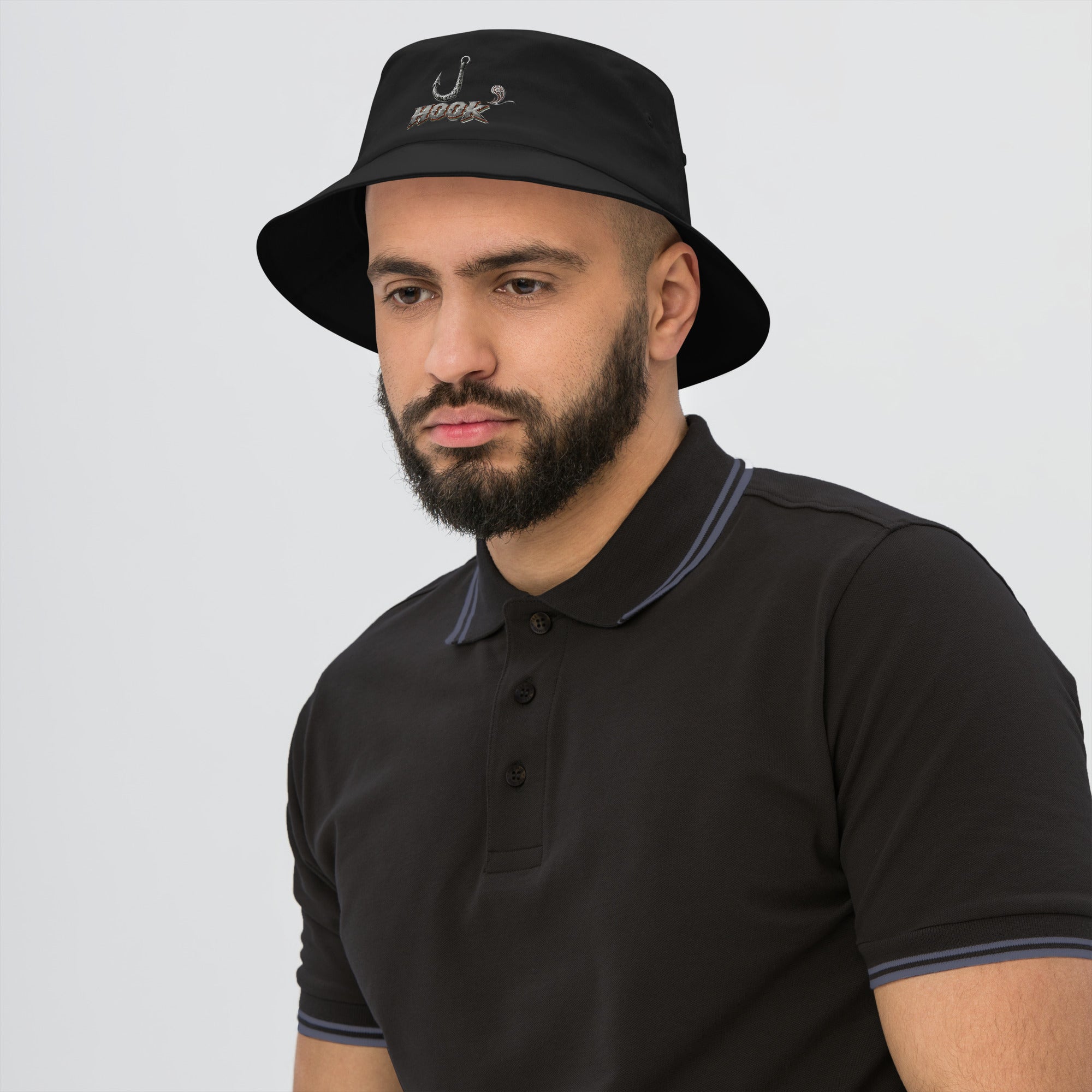 Fishing Lovers 100% Heavyweight Cotton Old School Bucket Hat with Metallic Fish Hook and "HOOK" Design by printfluence.net