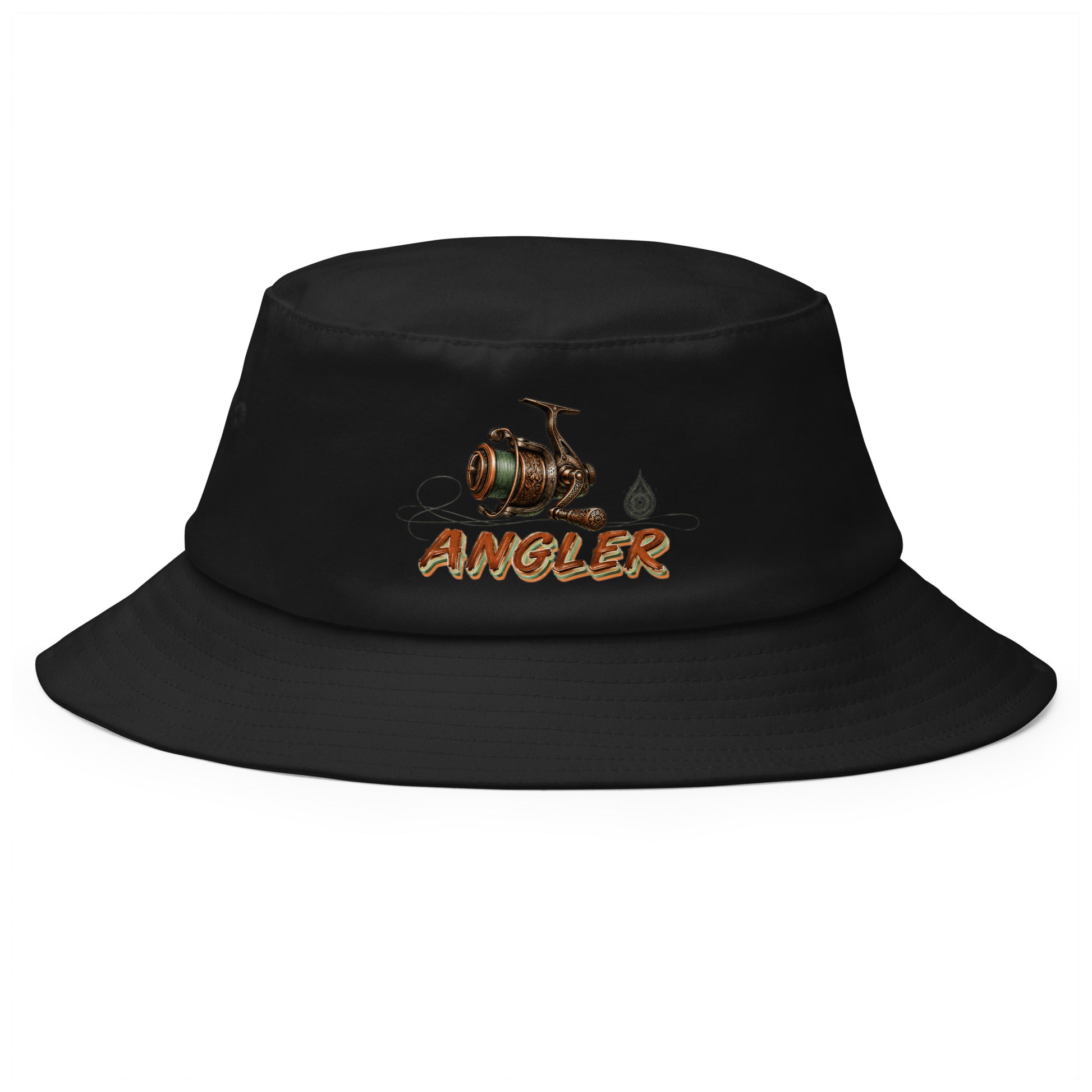 Fishing Lovers 100% Heavyweight Cotton Old School Bucket Hat with Vintage Angler Reel and "ANGLER" Design by printfluence.net