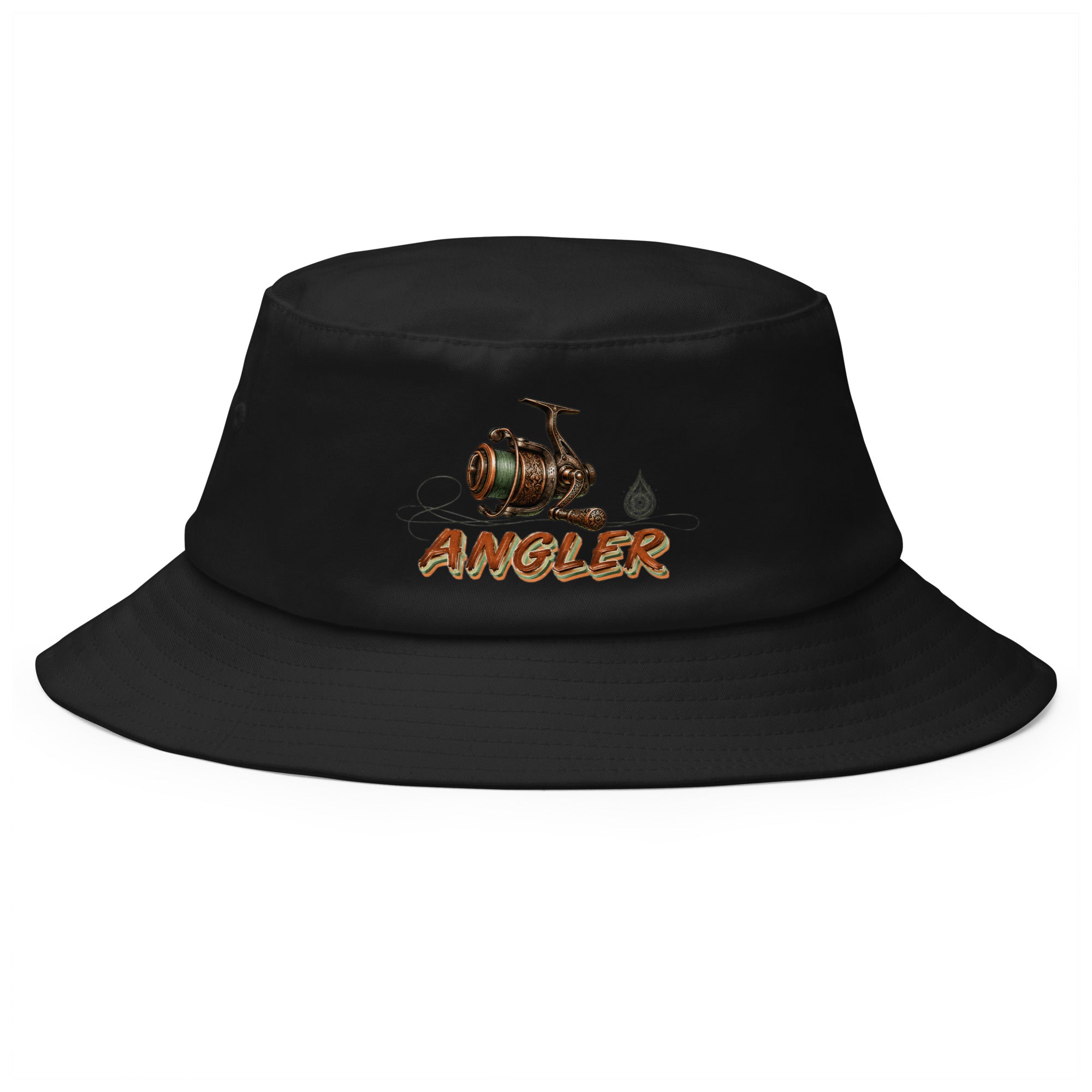 Fishing Lovers 100% Heavyweight Cotton Old School Bucket Hat with Vintage Angler Reel and "ANGLER" Design by printfluence.net
